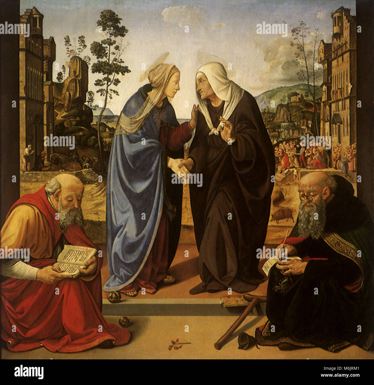 La Visitazione con Saint Nicolas e Sant'Antonio Abate, Cosimo, Piero di, 1500. Foto Stock