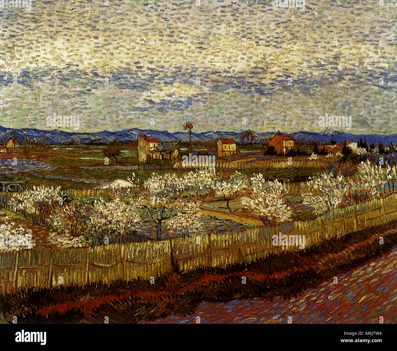 Questa città La Crau con alberi di pesco in fiore, Van Gogh, Vincent Willem, 1889. Foto Stock