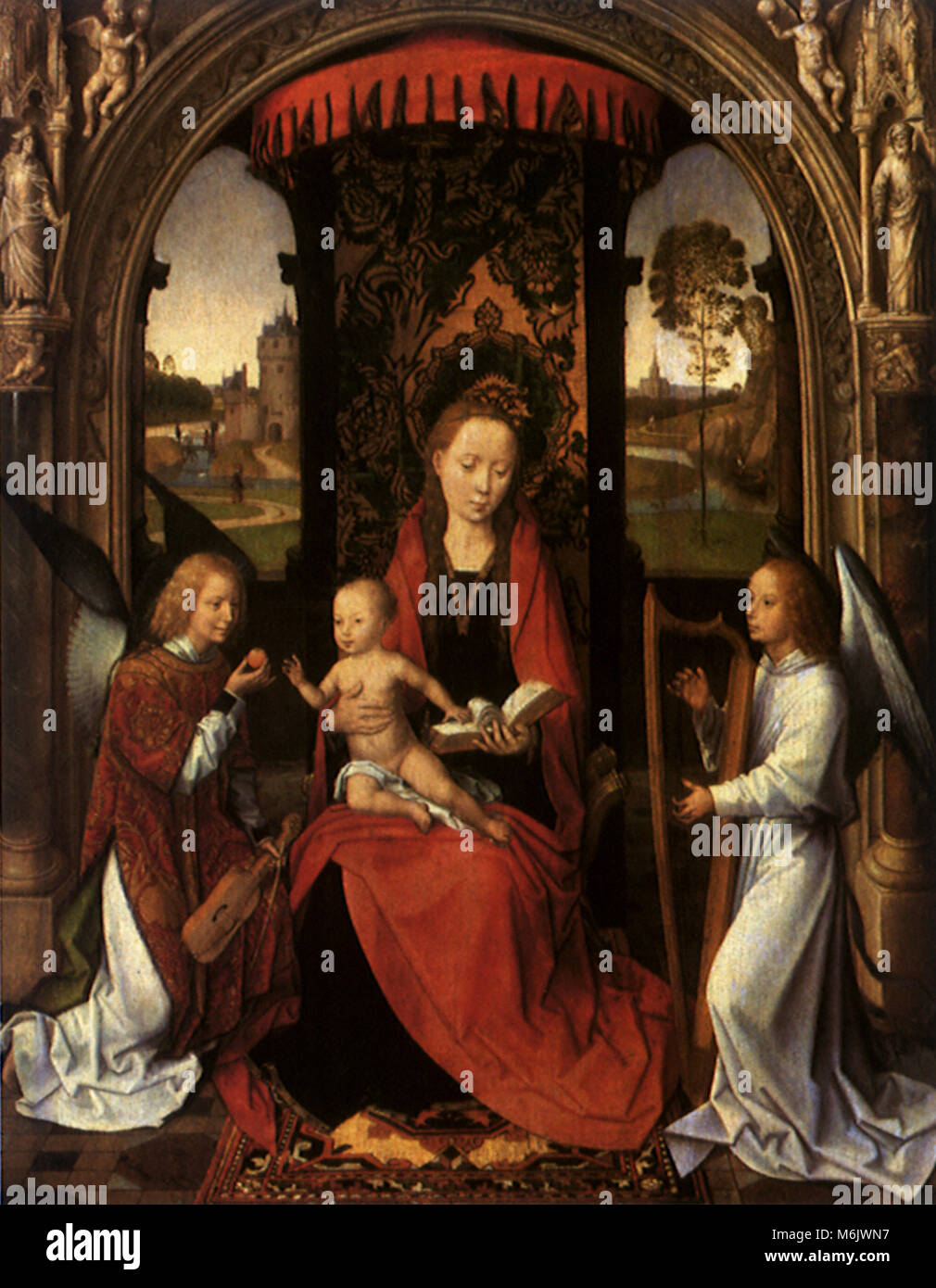 Madonna con Bambino e angeli, Memling, Hans, 1485. Foto Stock