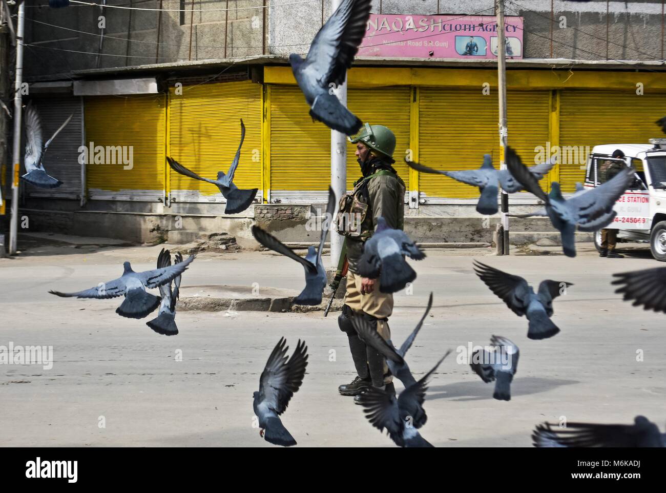 Srinagar, India. Mar 5, 2018. Piccioni volare come un poliziotto indiano di pattuglie durante il coprifuoco a Srinagar, Indiano Kashmir amministrato. Come maggioranza musulmana aree del Kashmir lunedì osservato l'arresto completo per protestare contro l uccisione di 4 civili e 2 ribelli presumibilmente in cottura esercito domenica nel distretto Shopian, a sud di Srinagar città. Autorità coprifuoco imposto in diverse aree per fermare le proteste di strada. La chiamata per la chiusura è stata data da gruppi separatisti. Mobile Internet Service è stato spezzato in due distretti di Pulwama e Shopian mentre un servizio Internet ad alta velocità è stata chiusa in posizione di riposo o Foto Stock