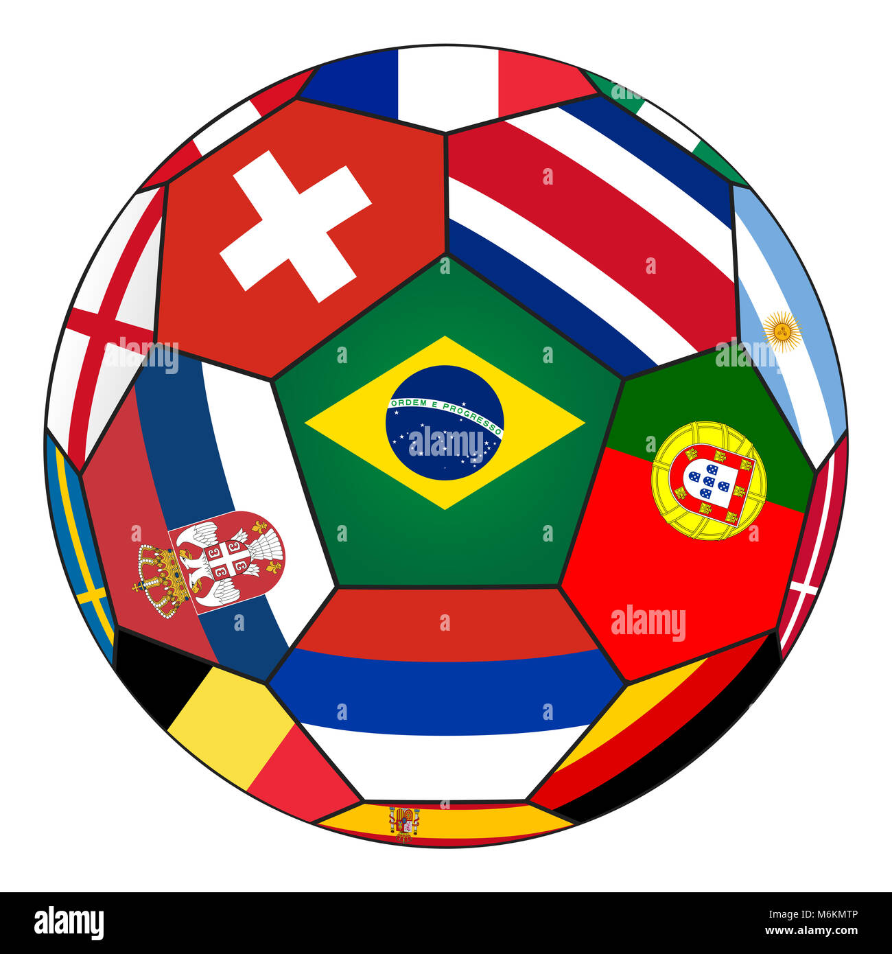 Sfera di calcio con vari flag isolato su sfondo Foto Stock