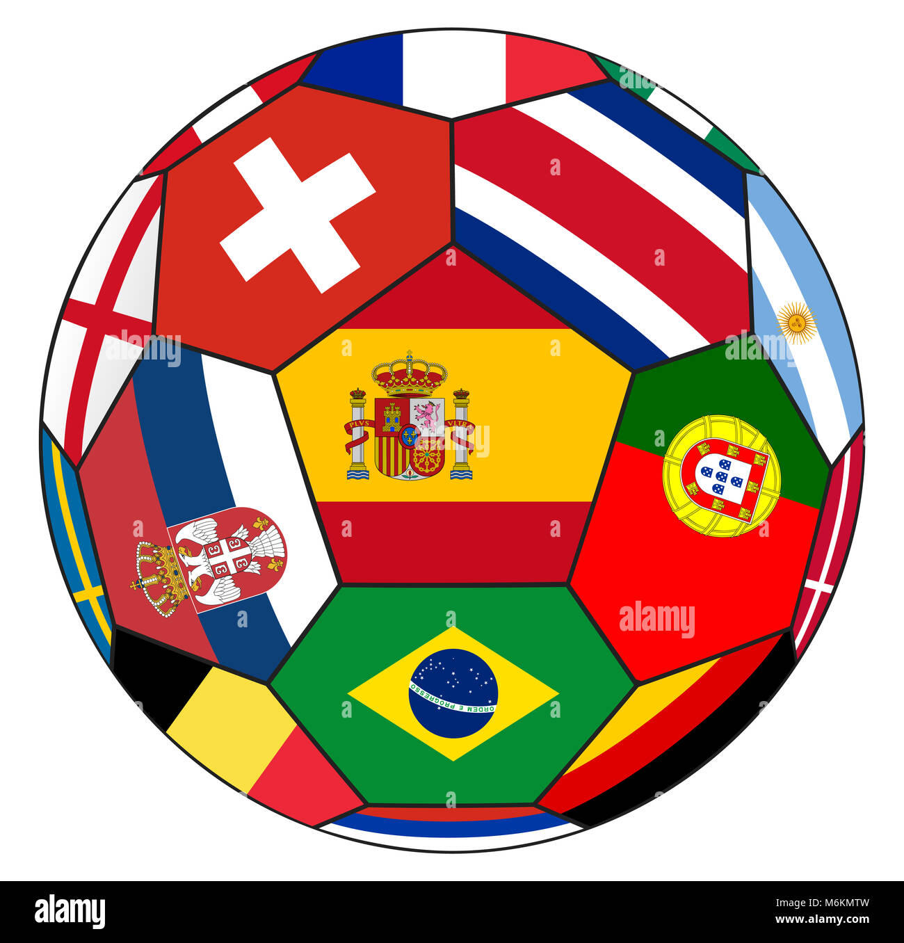 Sfera di calcio con vari flag isolato su sfondo Foto Stock