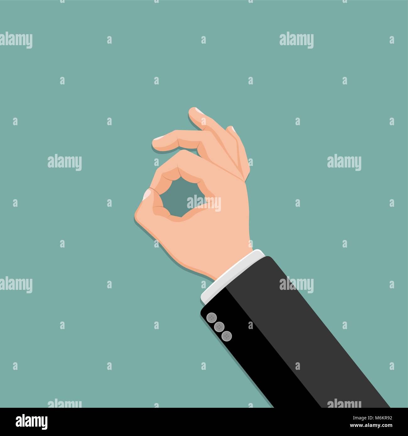 La realistica mano con una tuta manicotto mostra gesto ok. Una illustrazione vettoriale in stile appartamento. Illustrazione Vettoriale