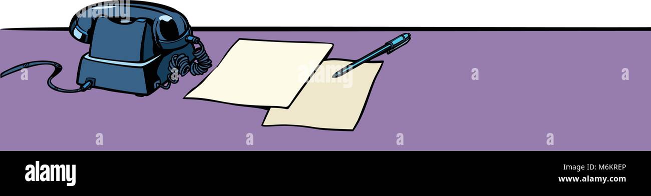 Scrivania con telefono isolato su sfondo bianco. La Pop art retrò illustrazione vettoriale comic cartoon kitsch vintage Illustrazione Vettoriale