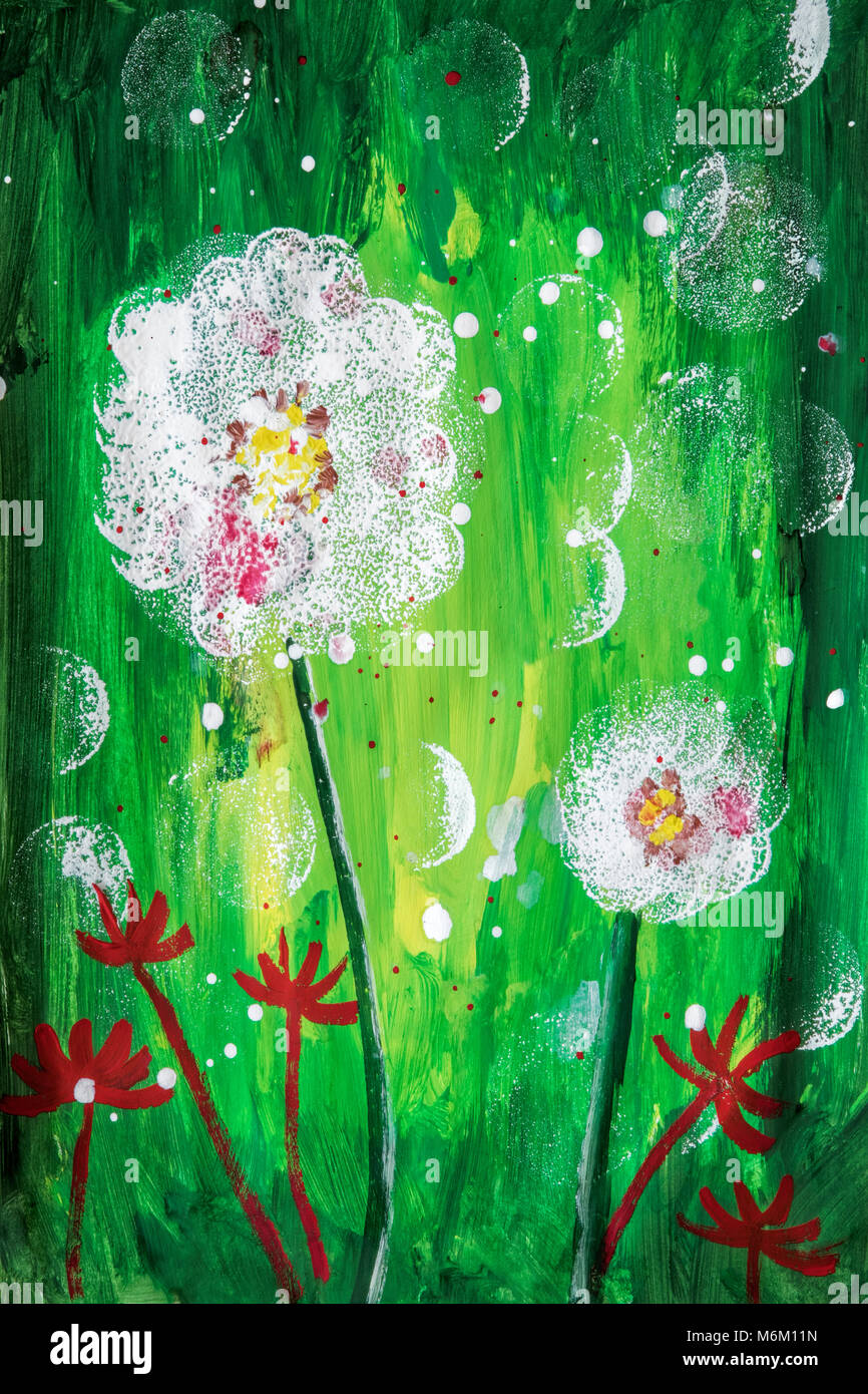 Childs pittura acrilica di fiori sulla carta dell'artista Foto Stock