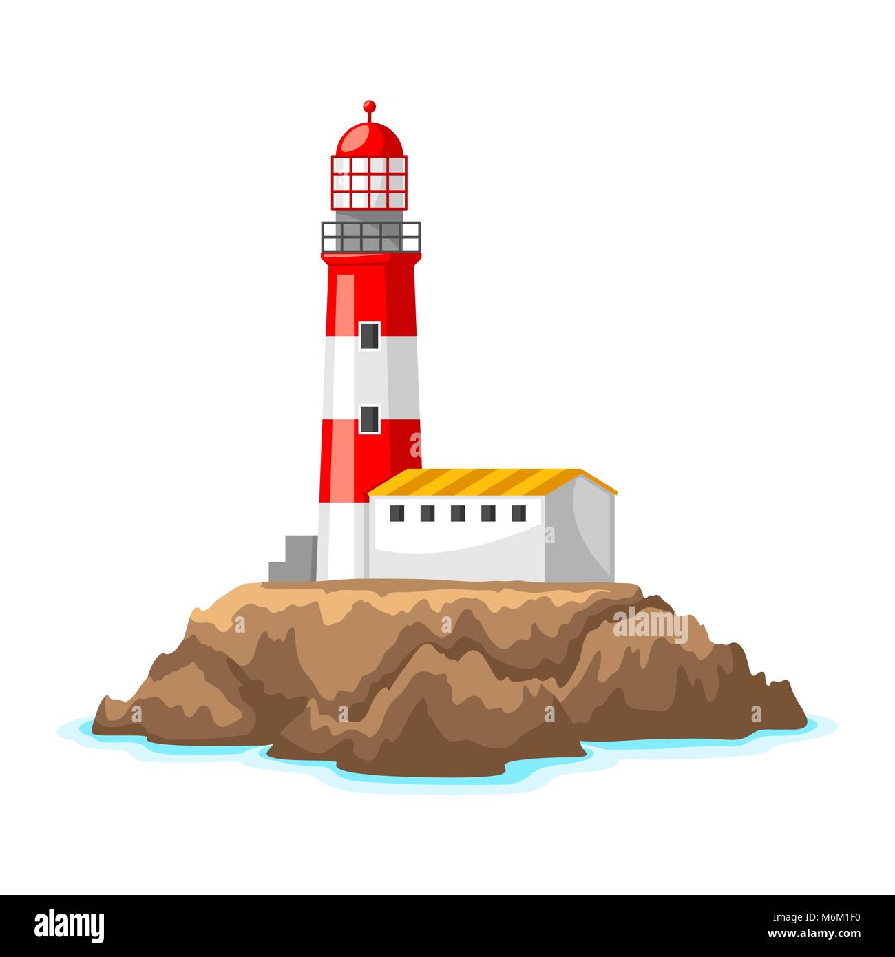 Illustrazione del faro sulla costa rocciosa. Paesaggio con oceano e rocce. Sfondo di viaggio Illustrazione Vettoriale