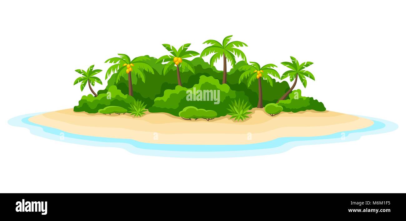 Illustrazione dell'isola tropicale oceano. Paesaggio con oceano e palme. Sfondo di viaggio Illustrazione Vettoriale