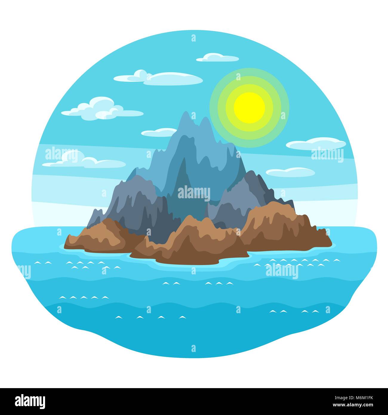Illustrazione dell'isola rocciosa in oceano. Paesaggio con oceano e rocce. Sfondo di viaggio Illustrazione Vettoriale