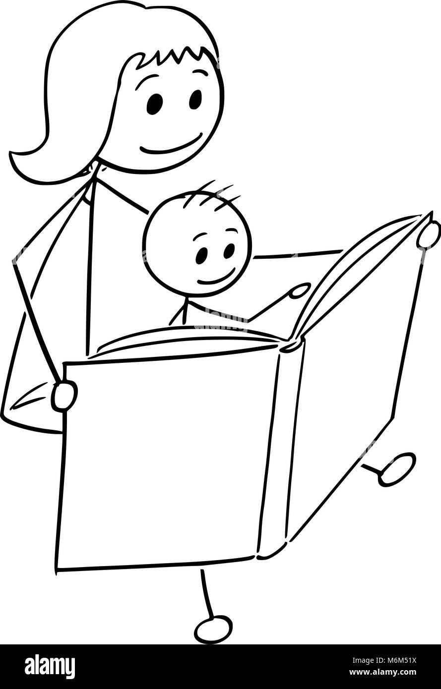 Cartoon di madre e figlio la lettura di un libro insieme Illustrazione Vettoriale