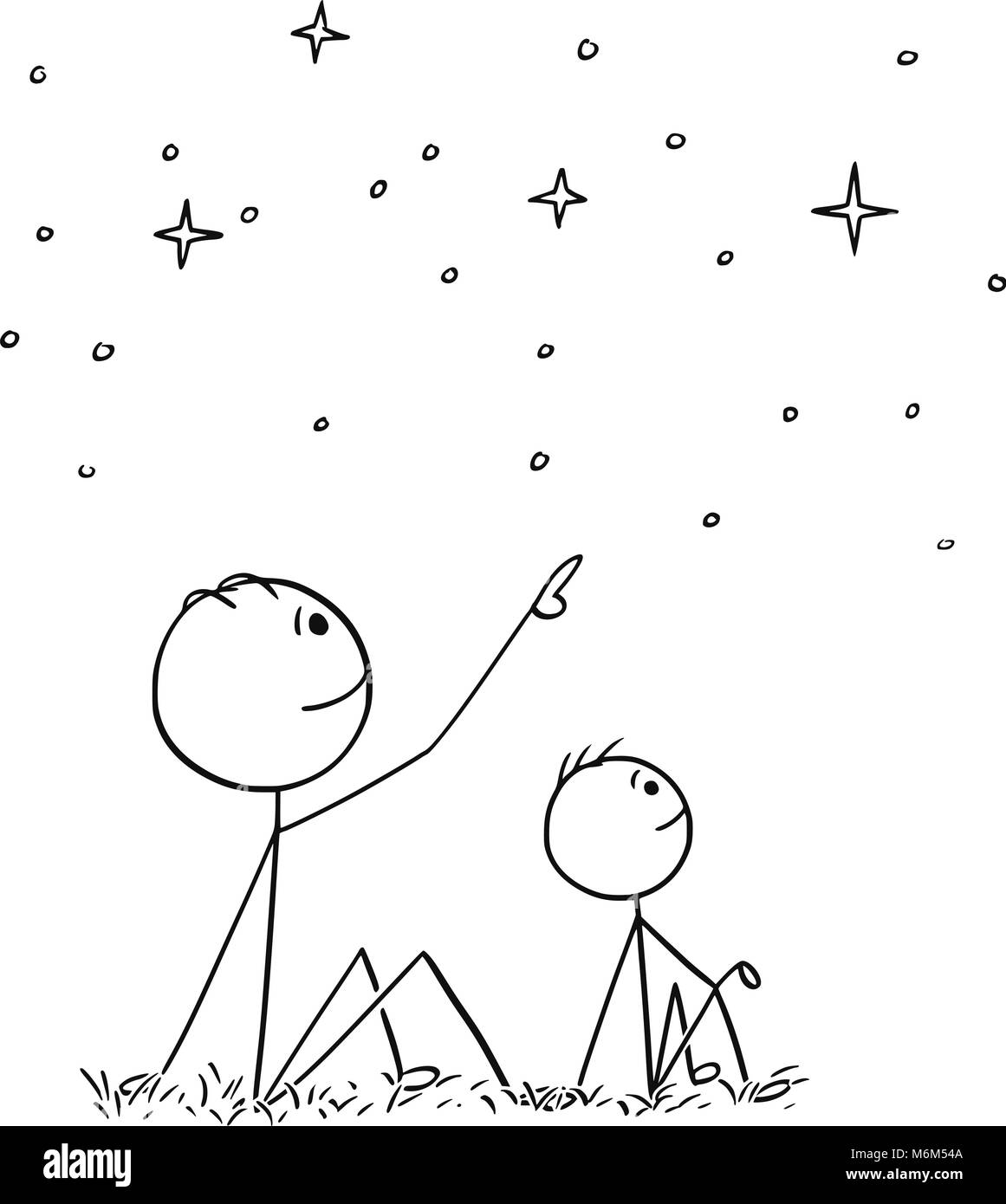 Cartoon di padre e figlio guardando il cielo di notte stelle Illustrazione Vettoriale