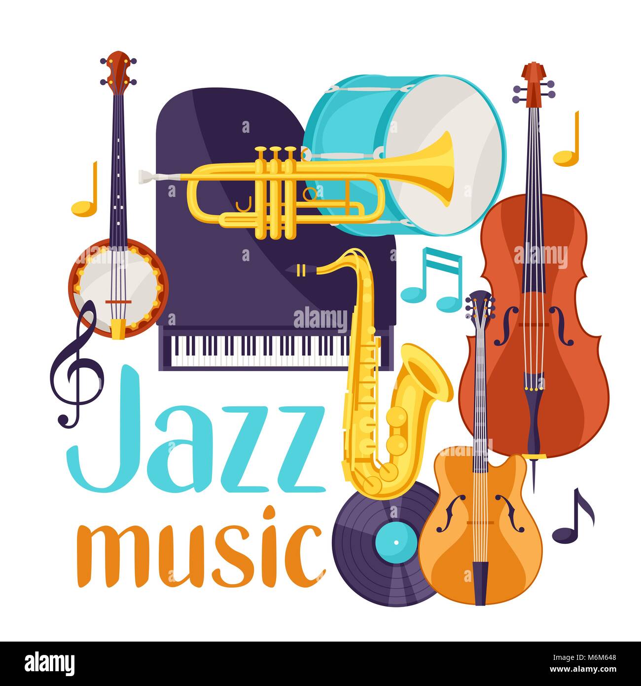 Festival di musica Jazz sfondo con strumenti musicali Illustrazione Vettoriale