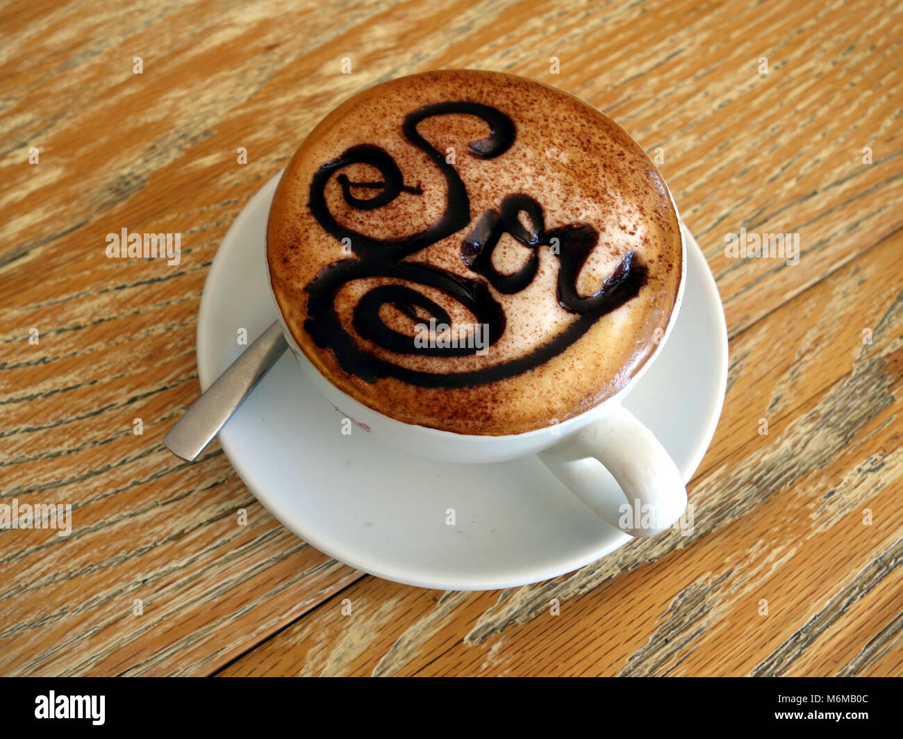 Un cappuccino fatto con il latte di soia in una tazza con un piattino Foto Stock