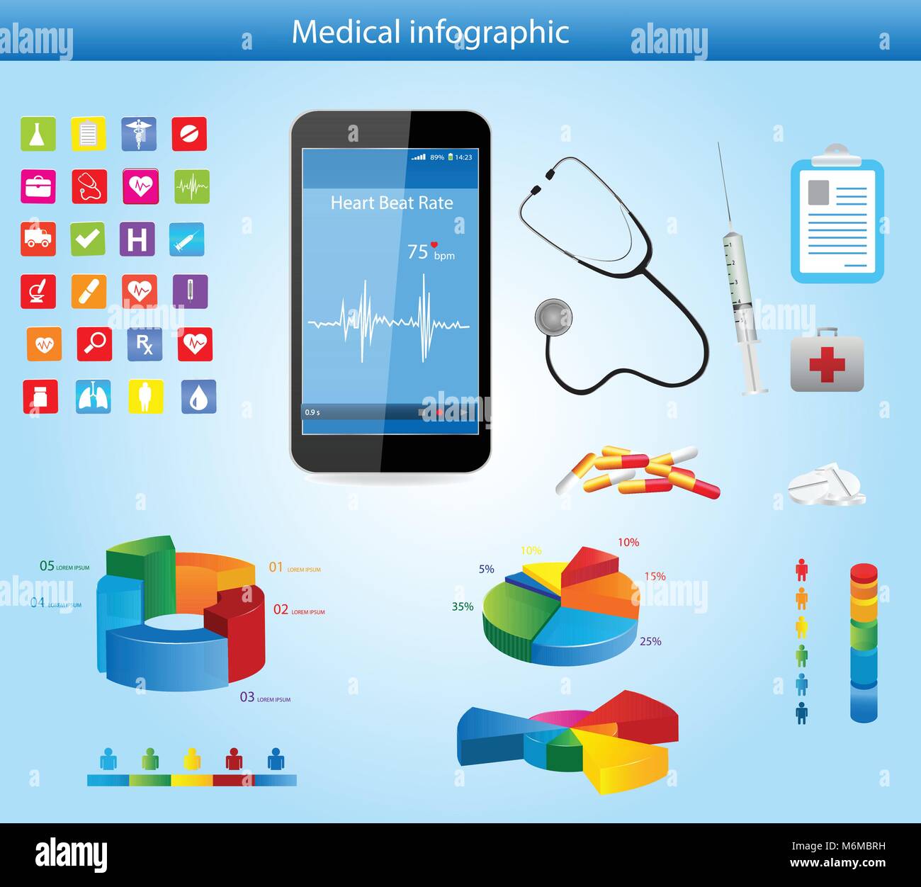 Set di medici elementi infografico con icone, diversi grafici, smartphone e monitor per la frequenza cardiaca Illustrazione Vettoriale