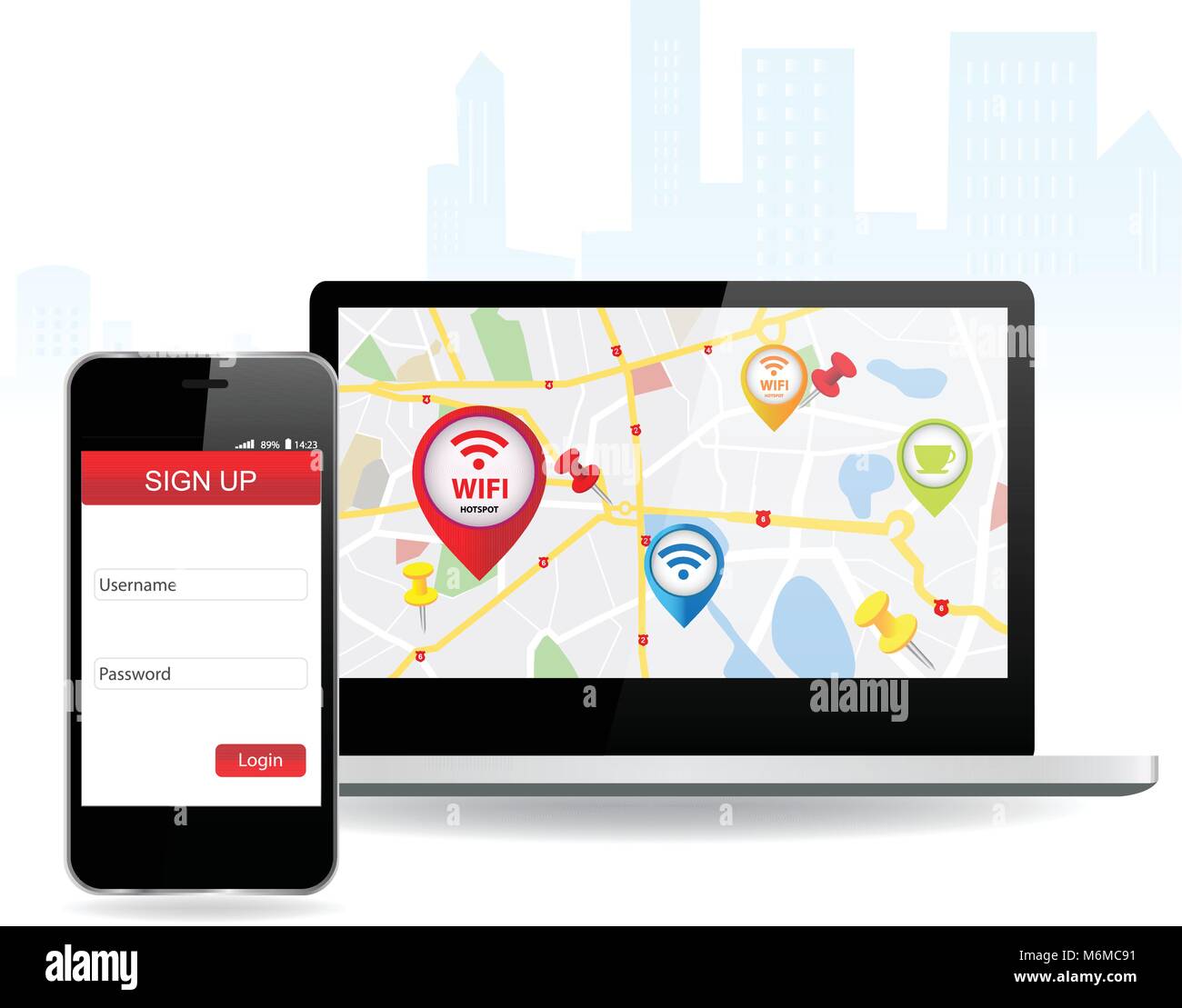 Smart Phone e computer portatile con connessione wi-fi Wireless Wifi Internet online Illustrazione Vettoriale