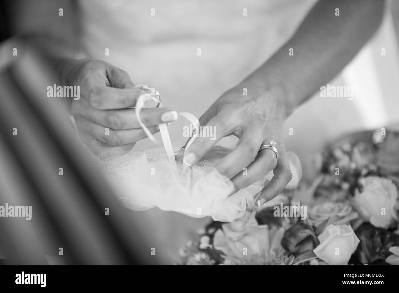 Dettaglio delle mani con anelli di nozze exchange, durante un matrimonio Foto Stock