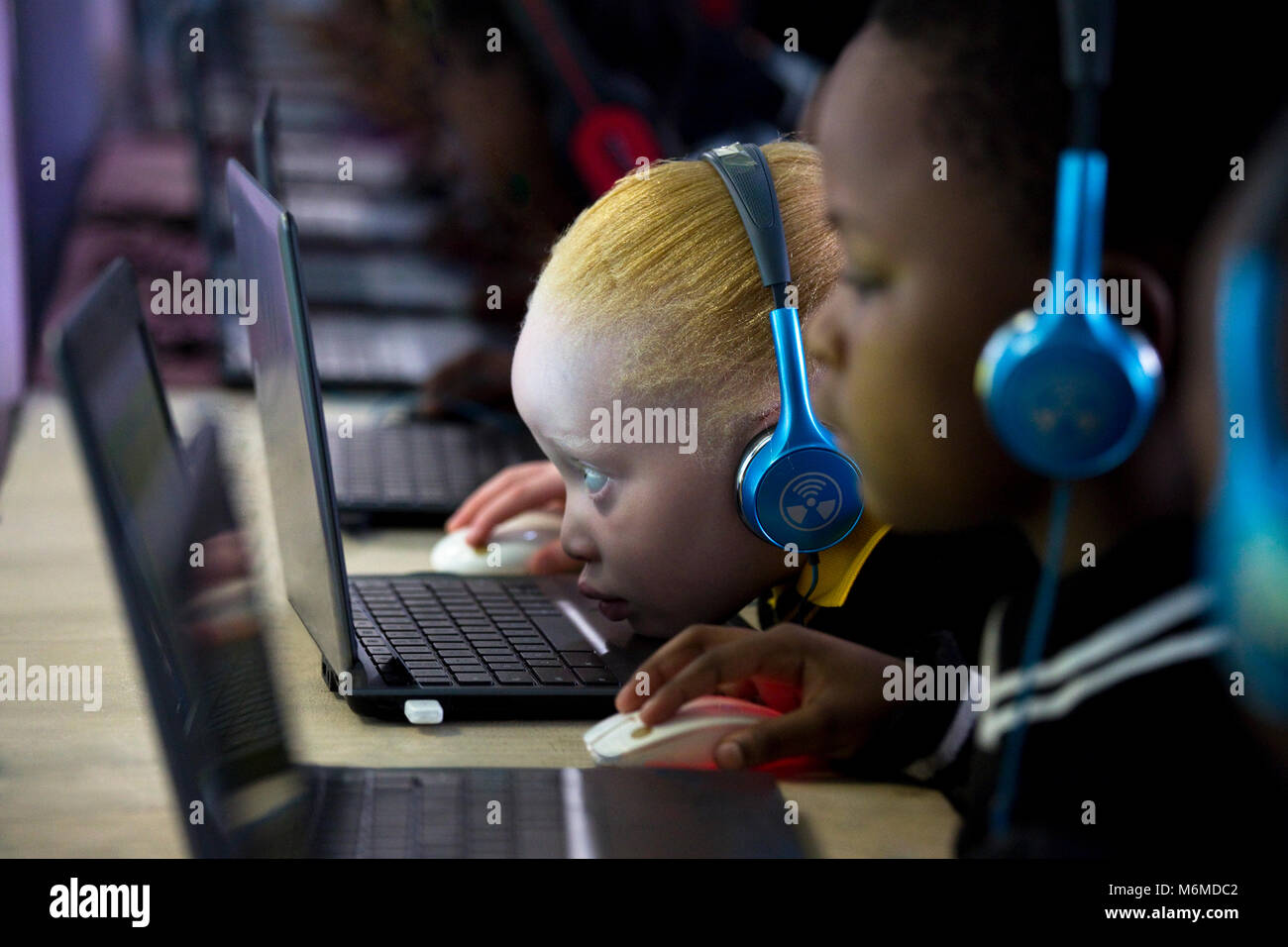 School girl bambino seduto e concentrandosi su un portatile Foto Stock