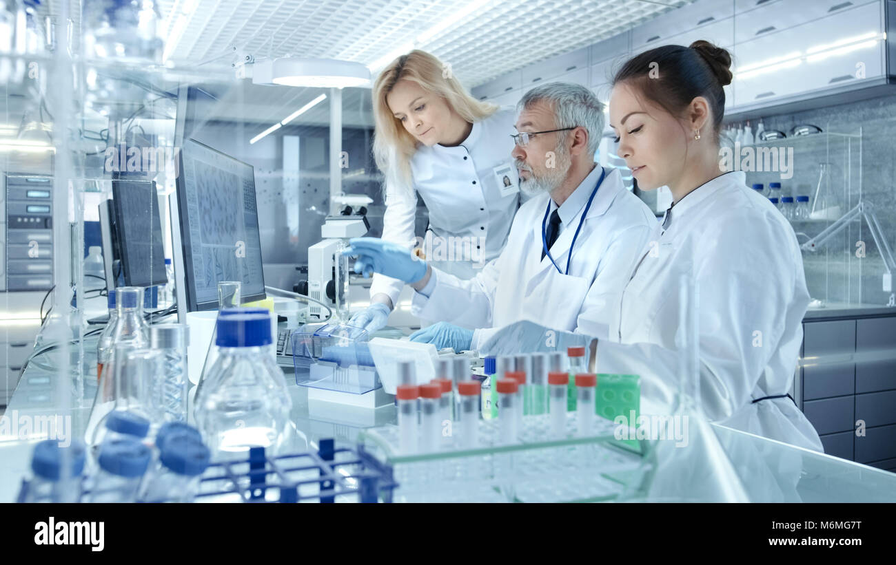 Team di Ricerca gli scienziati che lavorano con Personal Computer, analisi di test di prova di nuova generazione dati di farmaco. Essi lavorano in un moderno laboratorio Foto Stock