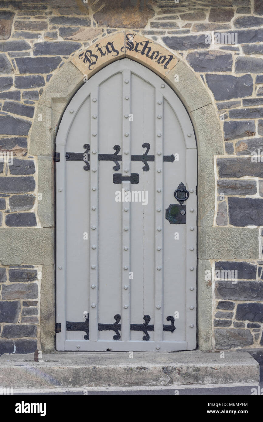 Storica Scuola Grande' sportello della libreria, Cristo's College, Rolleston Avenue, Christchurch, Distretto di Canterbury, Nuova Zelanda Foto Stock