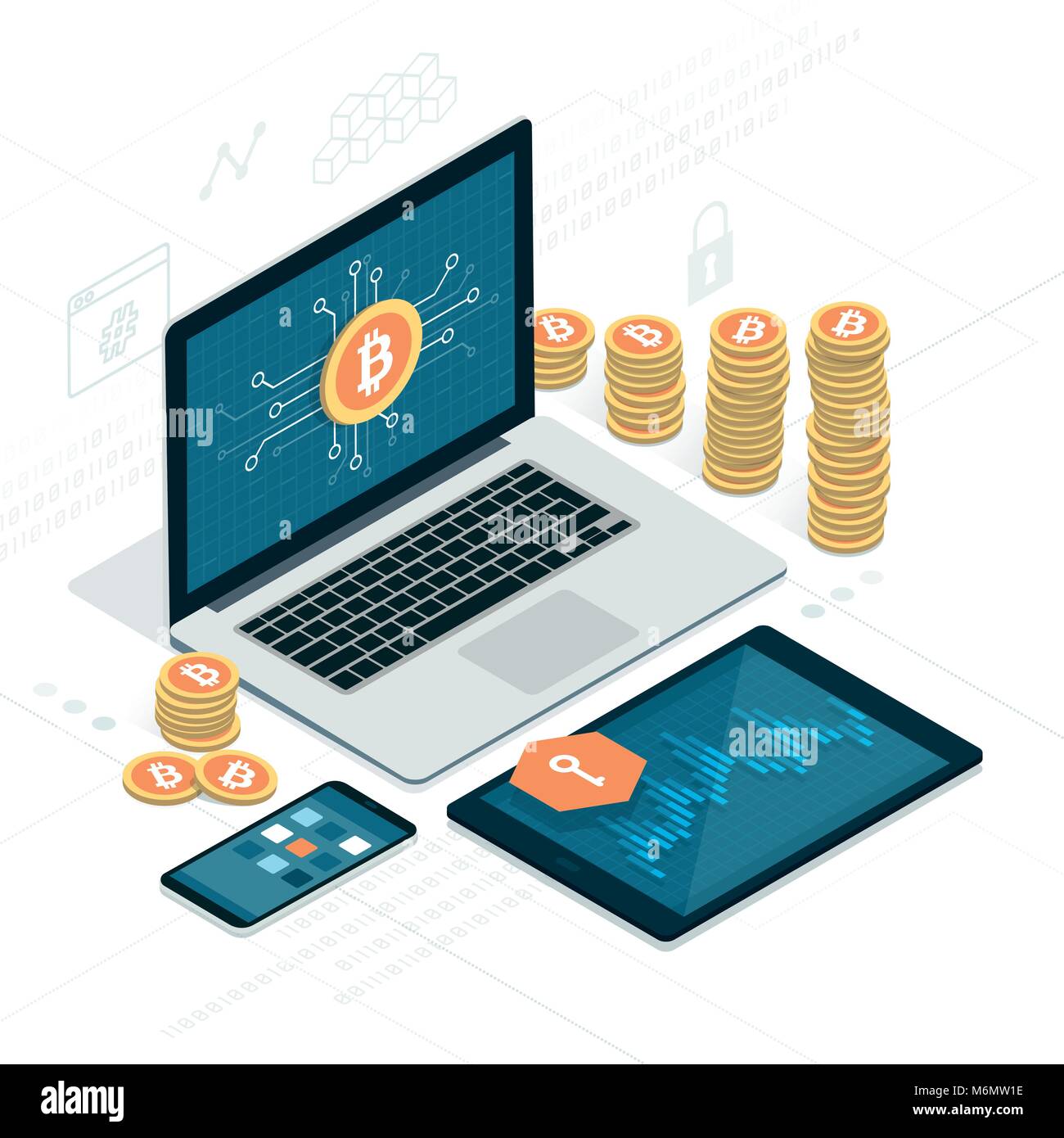 Bitcoin e cryptocurrency: laptop, tablet e smartphone con applicazioni finanziarie Illustrazione Vettoriale