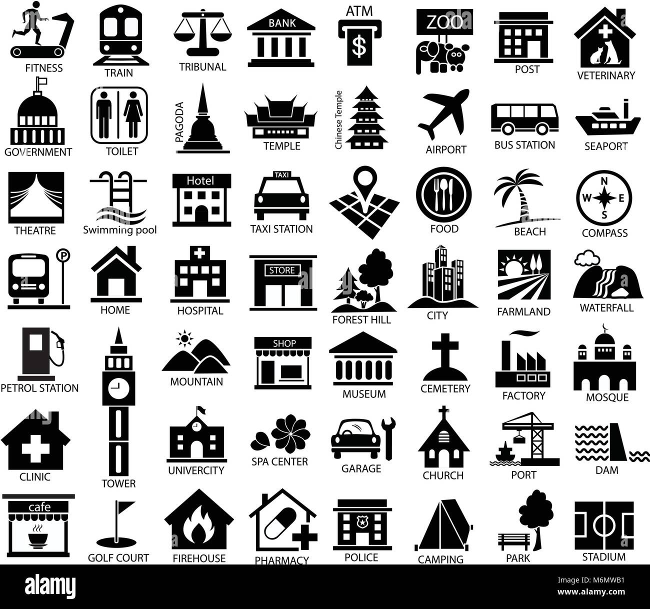 Simbolo mappa icon set, luogo di governo, gazzetta, religiosi, cabaret, salute pubblica, viaggi e trasporti, relax, museo, aeroporto, ospedale, stazio Illustrazione Vettoriale