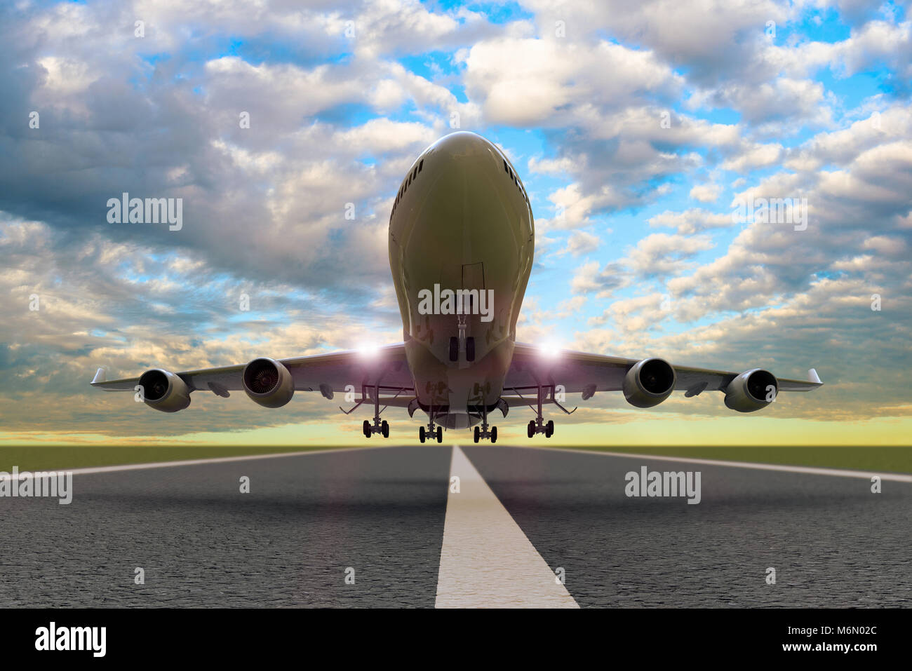 3D Rendering di un aereo commerciale di decollo/atterraggio su una pista Foto Stock