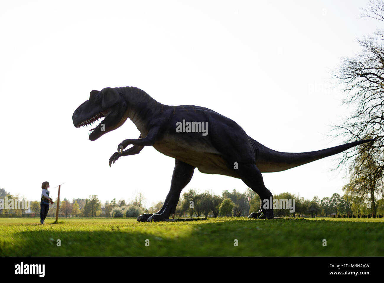 Little Boy giocano nel parco con i dinosauri in esterno Foto Stock