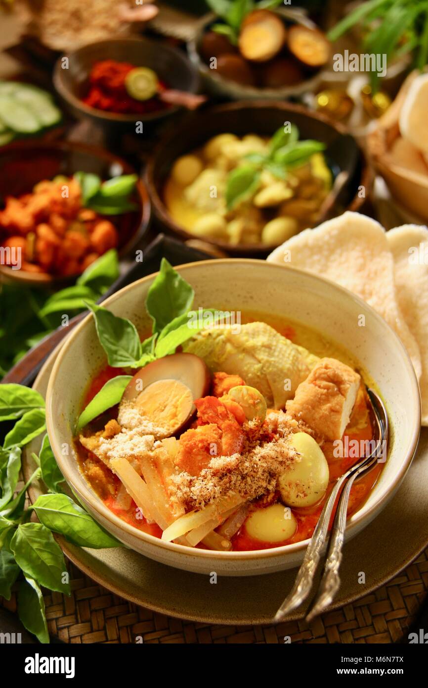 Tappo Lontong Vai meh. Il Javanese-Peranakan Torta di Riso zuppa di pollo al curry, Chayote Squash Curry, soia uovo, gamberetti, stufato di fagioli di soia di massa e cracker. Foto Stock