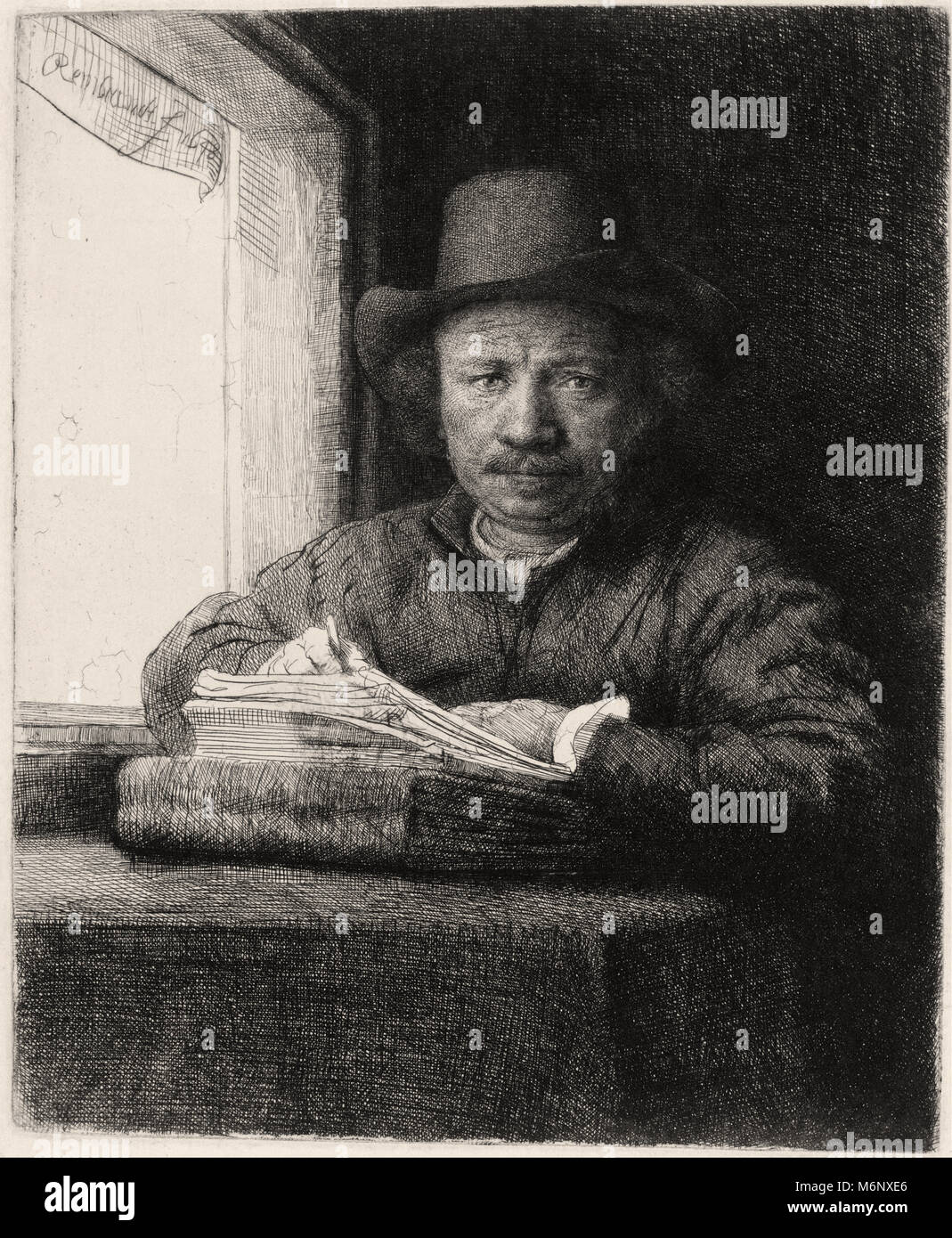 Harmenszoon Rembrandt van Rijn - Autoritratto di disegno in una finestra Foto Stock