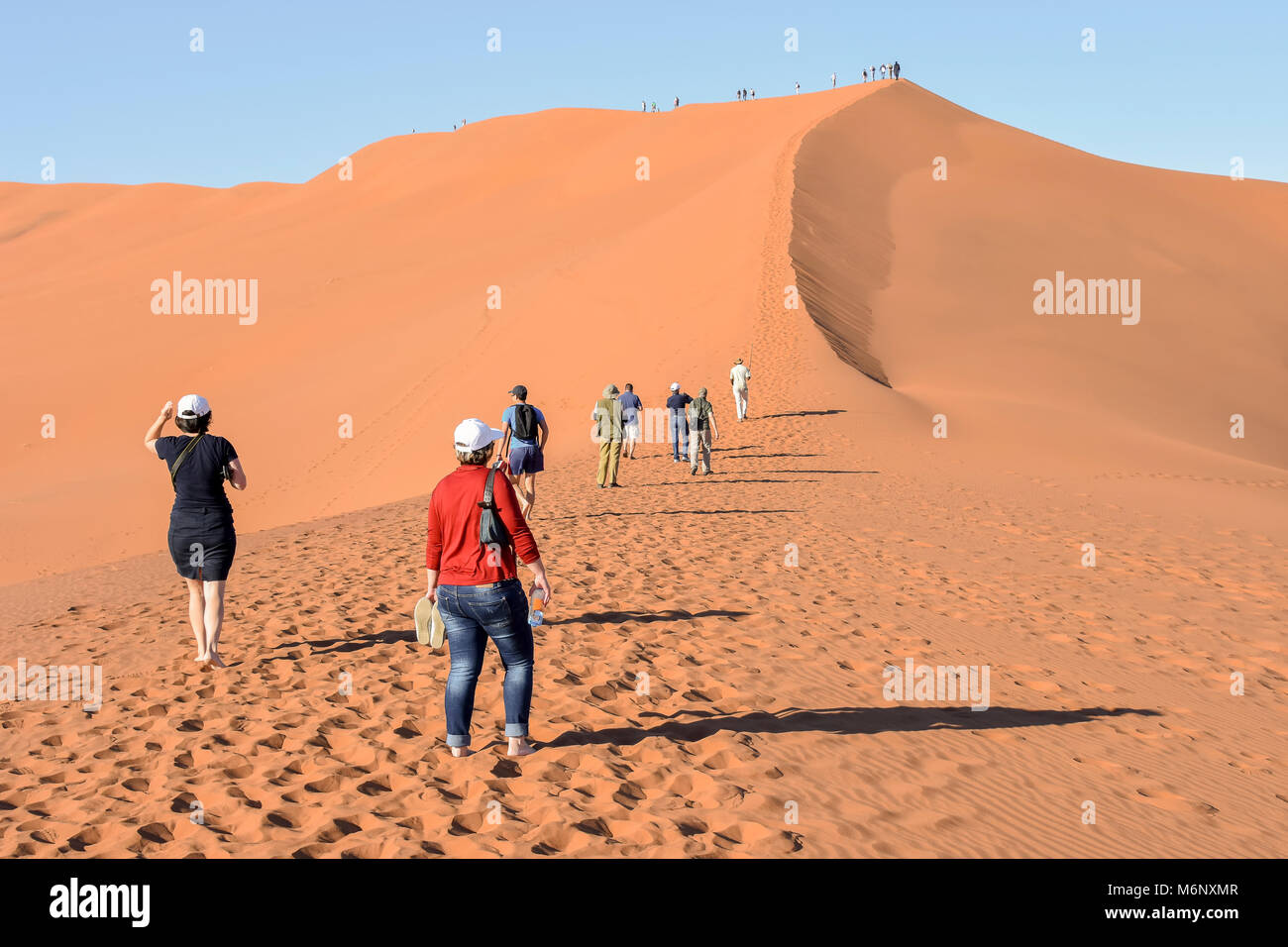 I turisti a piedi verso le famose dune di sabbia del Parco Namib-Naukluft area in Namibia Africa australe Foto Stock