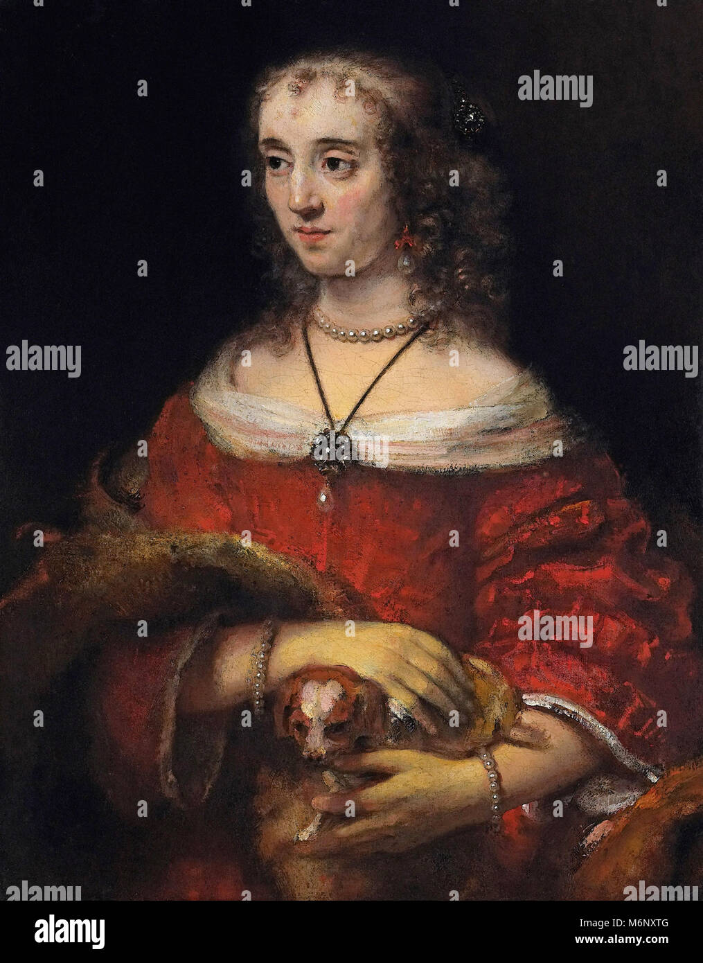 Harmenszoon Rembrandt van Rijn - Ritratto di una dama con un cagnolino Foto Stock