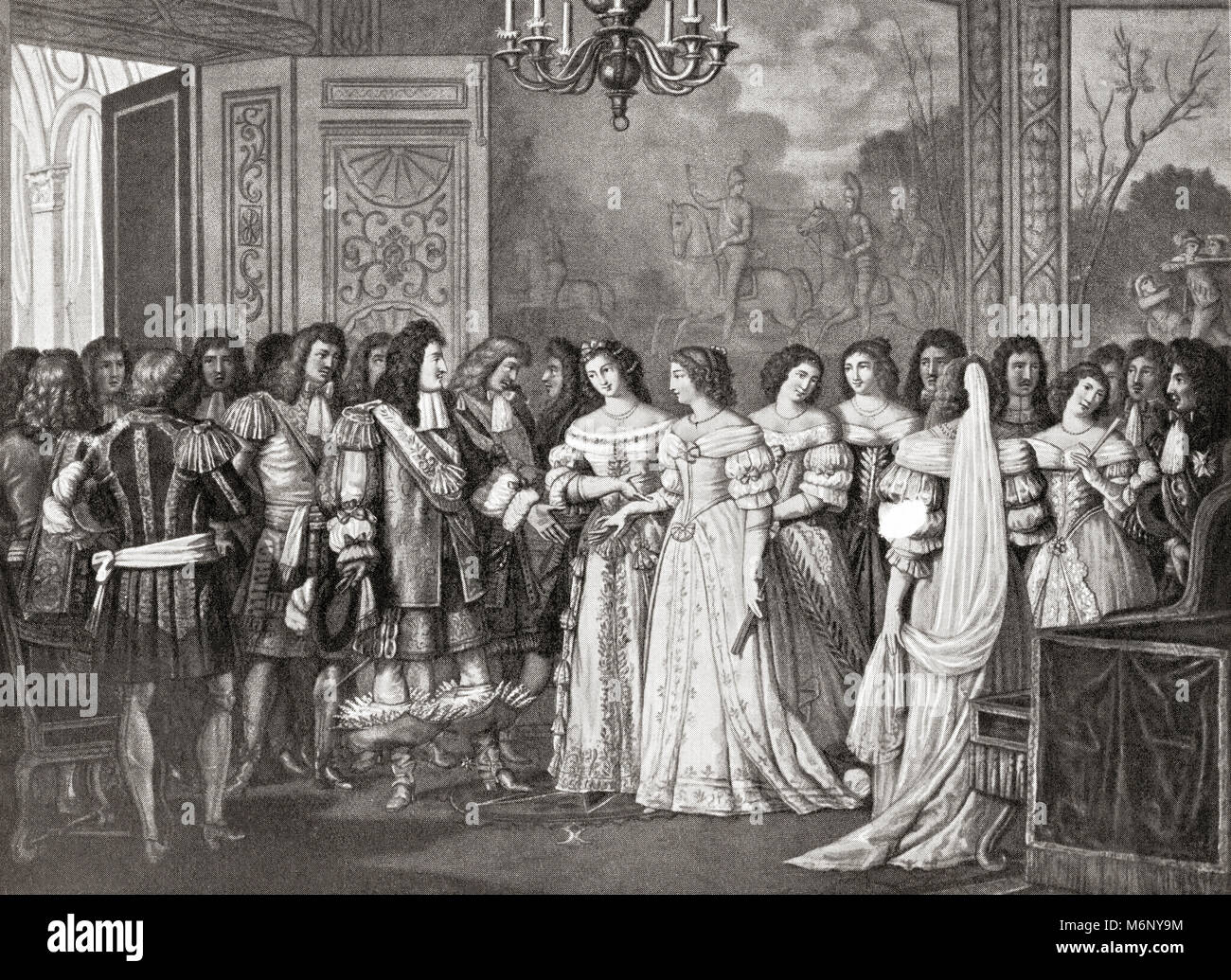 Louise de La Vallière presentato a Luigi XIV a San Germain, Francia. Louise de La Vallière, 1644 - 1710. Amante di Luigi XIV di Francia dal 1661 al 1667. Luigi XIV, 1638 - 1715, aka Luigi God-Given, Luigi il Grande o il Re Sole. Re di Francia. Da Hutchinson nella storia delle nazioni, pubblicato 1915. Foto Stock