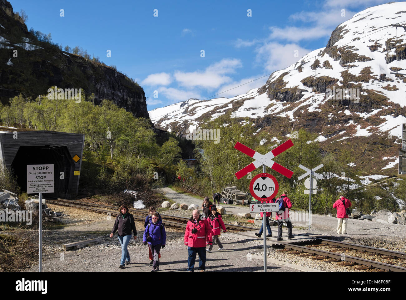 I turisti a piedi attraverso una pista che attraversa Flam linea ferroviaria da un punto di vista. Vatnahelsen, Aurland, Norvegia, Scandinavia, Europa Foto Stock