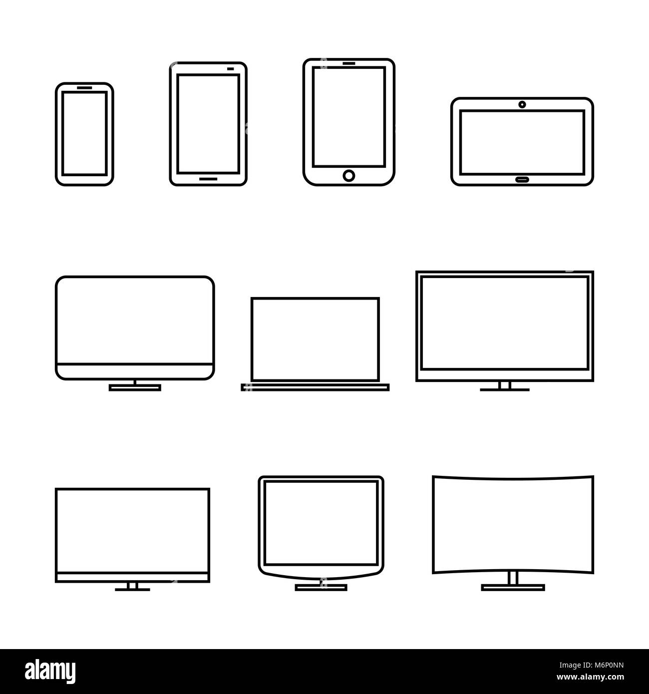 Serie di monitor per computer, laptop, e-book, compresse e telefoni cellulari da linee sottili. Gadget elettronici isolati su sfondo bianco, vector illustrat Illustrazione Vettoriale