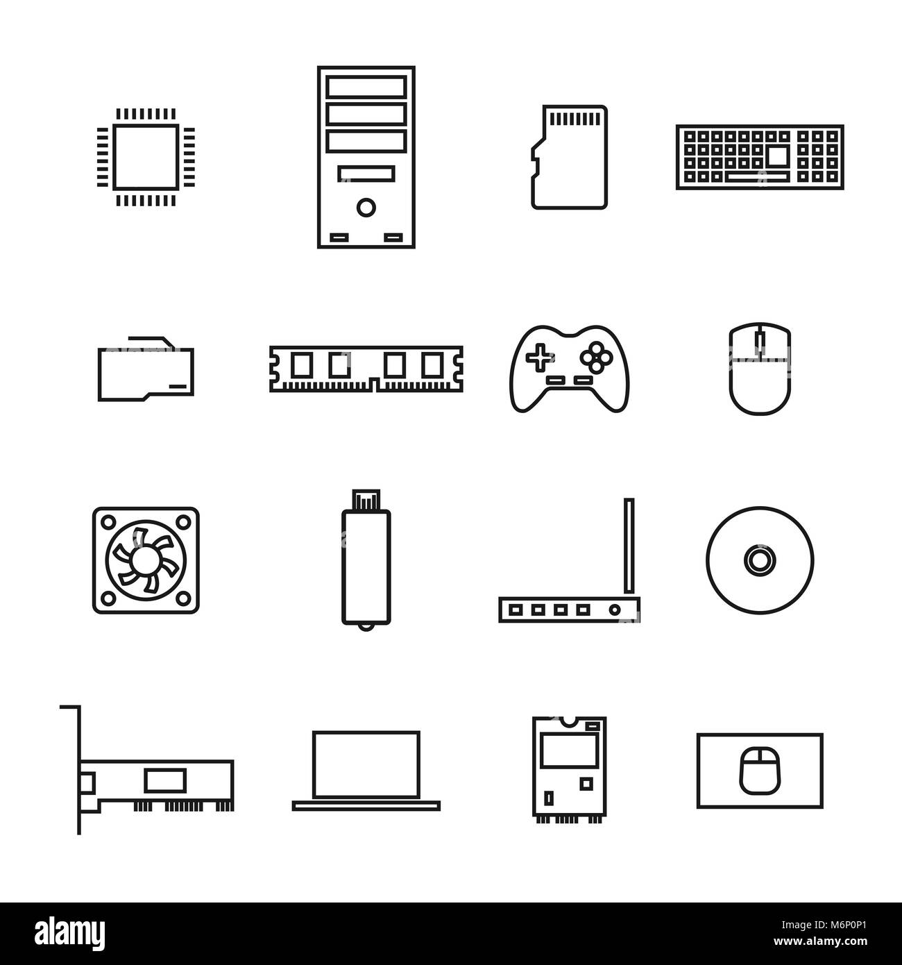 Set di icone dispositivi di computer e accessori di linee sottili, isolato su sfondo bianco, illustrazione vettoriale. Illustrazione Vettoriale