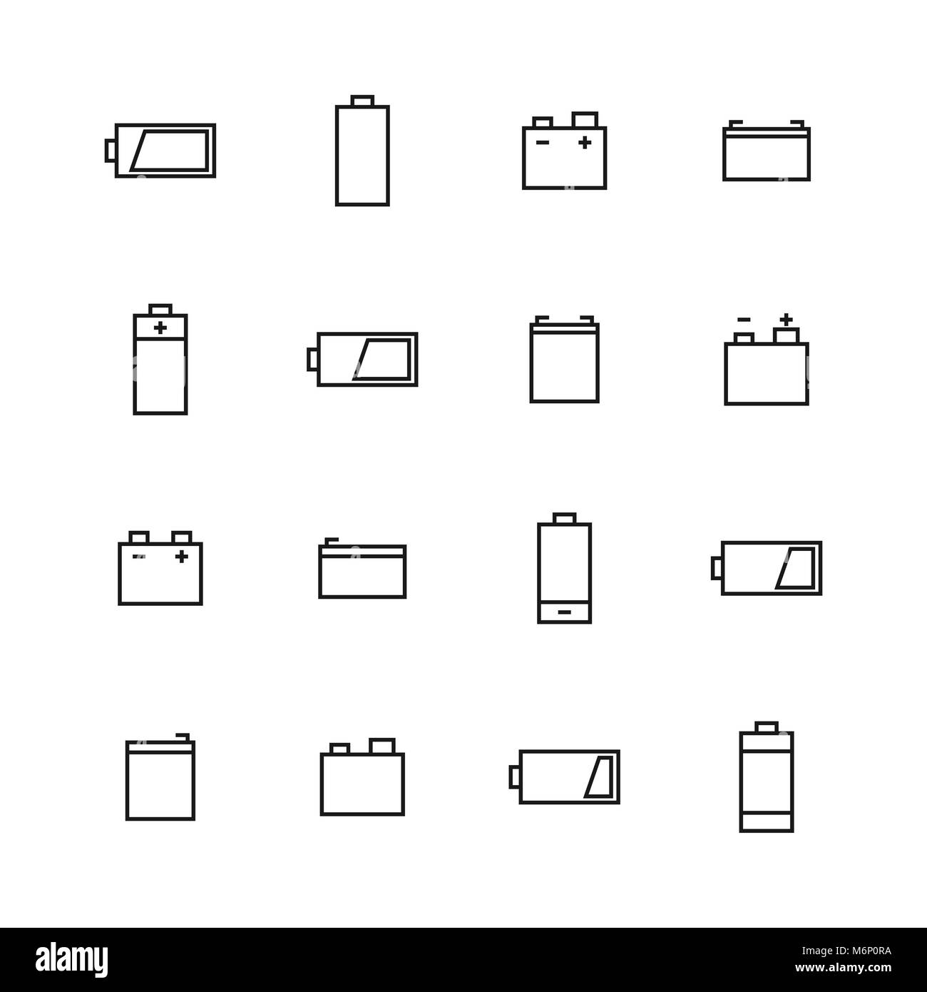 Elementi di alimentazione e le icone della batteria di linee sottili, isolato su sfondo bianco. In stile appartamento, illustrazione vettoriale. Illustrazione Vettoriale