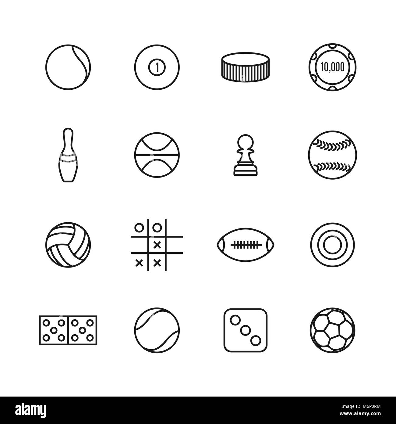 Giochi e sport icone delle linee sottili, isolato su sfondo bianco. In stile appartamento, illustrazione vettoriale. Illustrazione Vettoriale