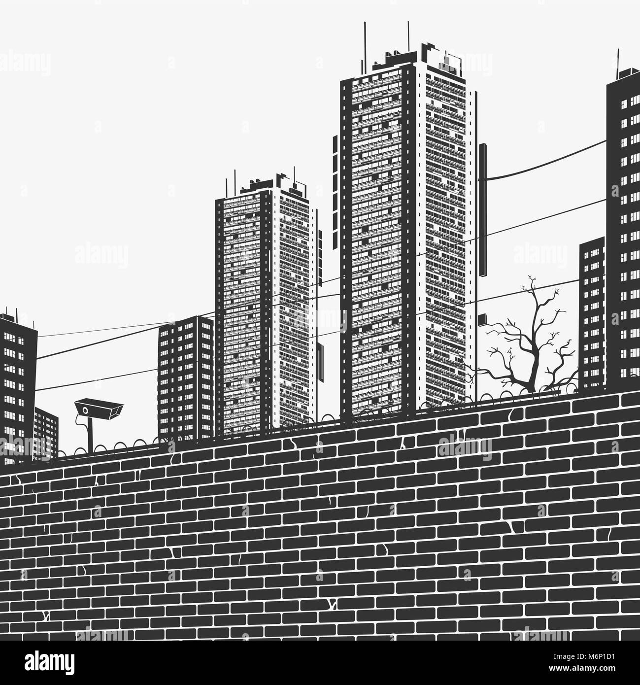 Panorama urbano di grattacieli e la recinzione di mattoni Illustrazione Vettoriale