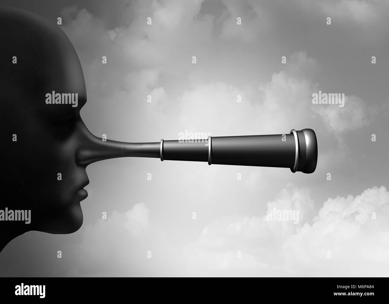 Falso di ricerca scientifica e di colpa o di teoria della cospirazione la raccolta di informazioni come un lier naso conformata come un telescopio come una surreale idea. Foto Stock