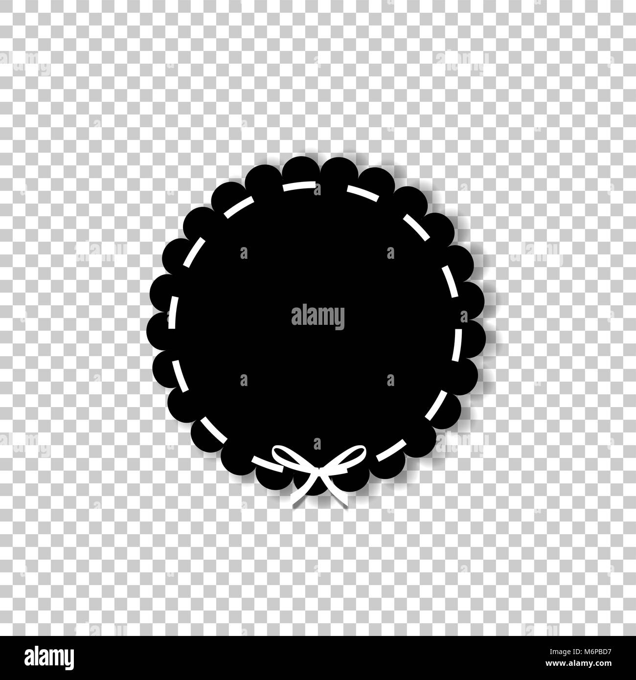 Cerchio nero timbro della guarnizione con nastro bianco. Icona del vettore in stile cartoon con spazio per testo isolato su sfondo trasparente. Clip Art. Illustrazione Vettoriale