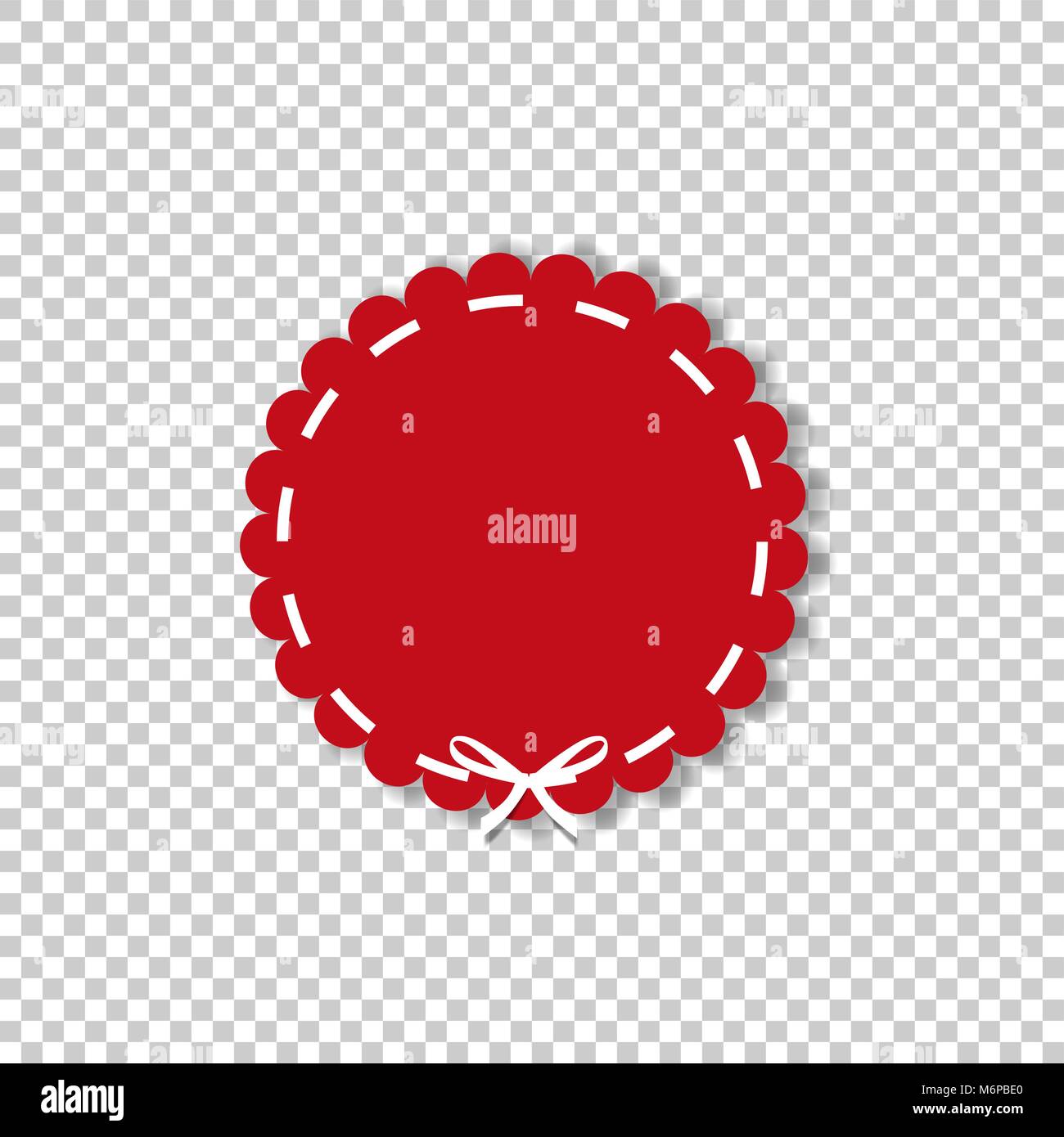 Il cerchio rosso adesivo o etichetta avvolta con nastro bianco. Icona del vettore con lo spazio vuoto per il testo isolato su sfondo trasparente. Elemento per la progettazione, Illustrazione Vettoriale