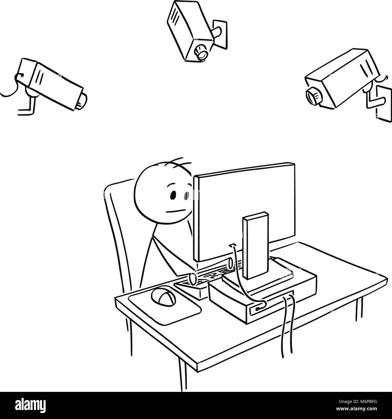 Cartoon di imprenditore dipendente sotto il controllo della telecamera dal datore di lavoro o il Manager Illustrazione Vettoriale