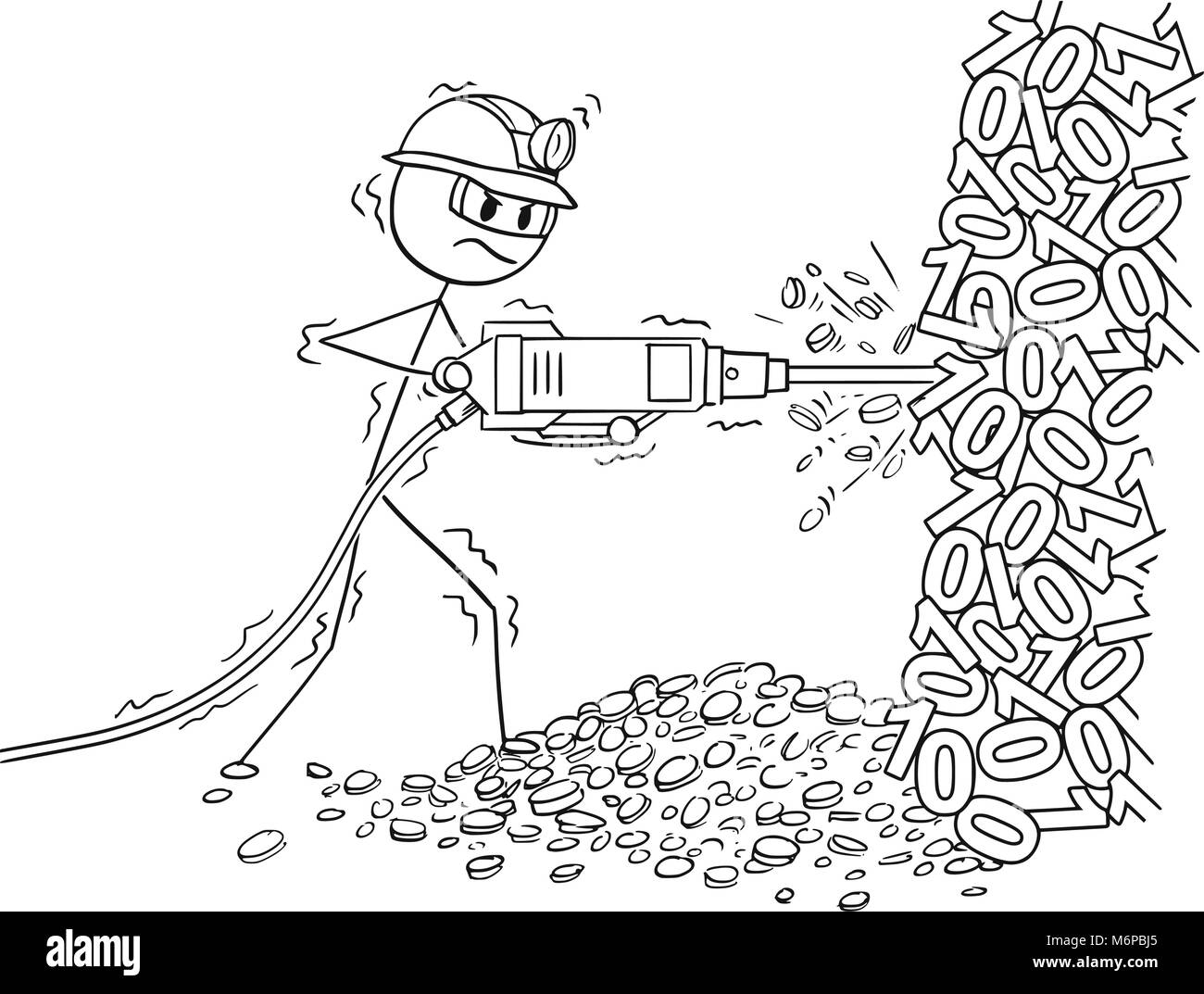 Cartoon di uomo Cryptocurrency mineraria da trapano pneumatico Illustrazione Vettoriale