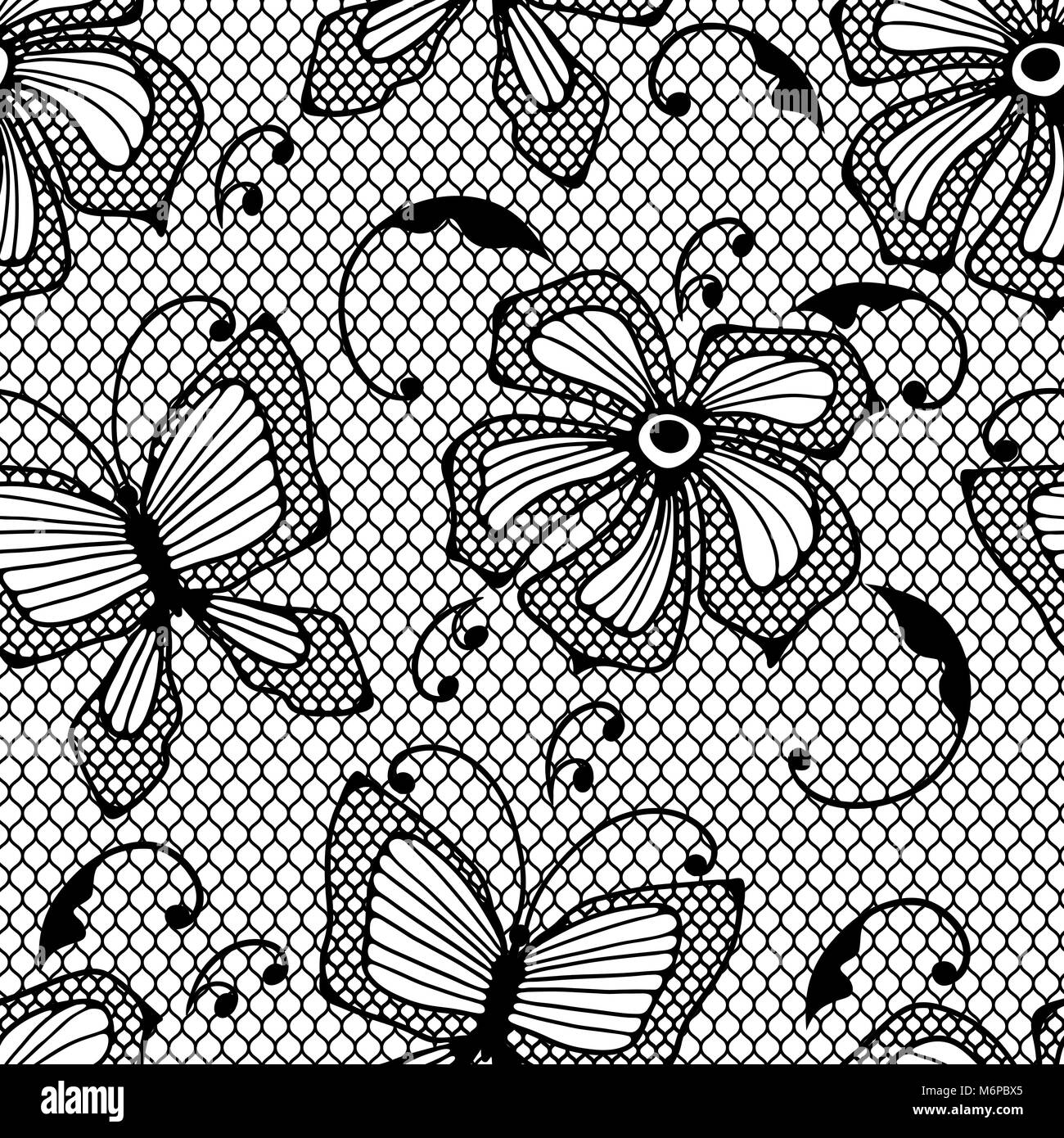 Seamless pattern in pizzo con farfalle e fiori Illustrazione Vettoriale