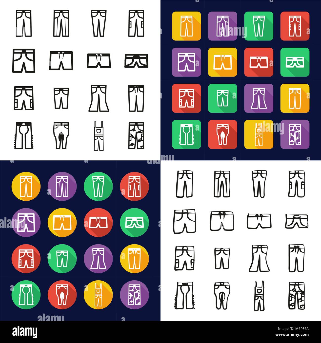 Tutti i pantaloni in una delle icone in Bianco e Nero Color Design piatto Set di Freehand Illustrazione Vettoriale