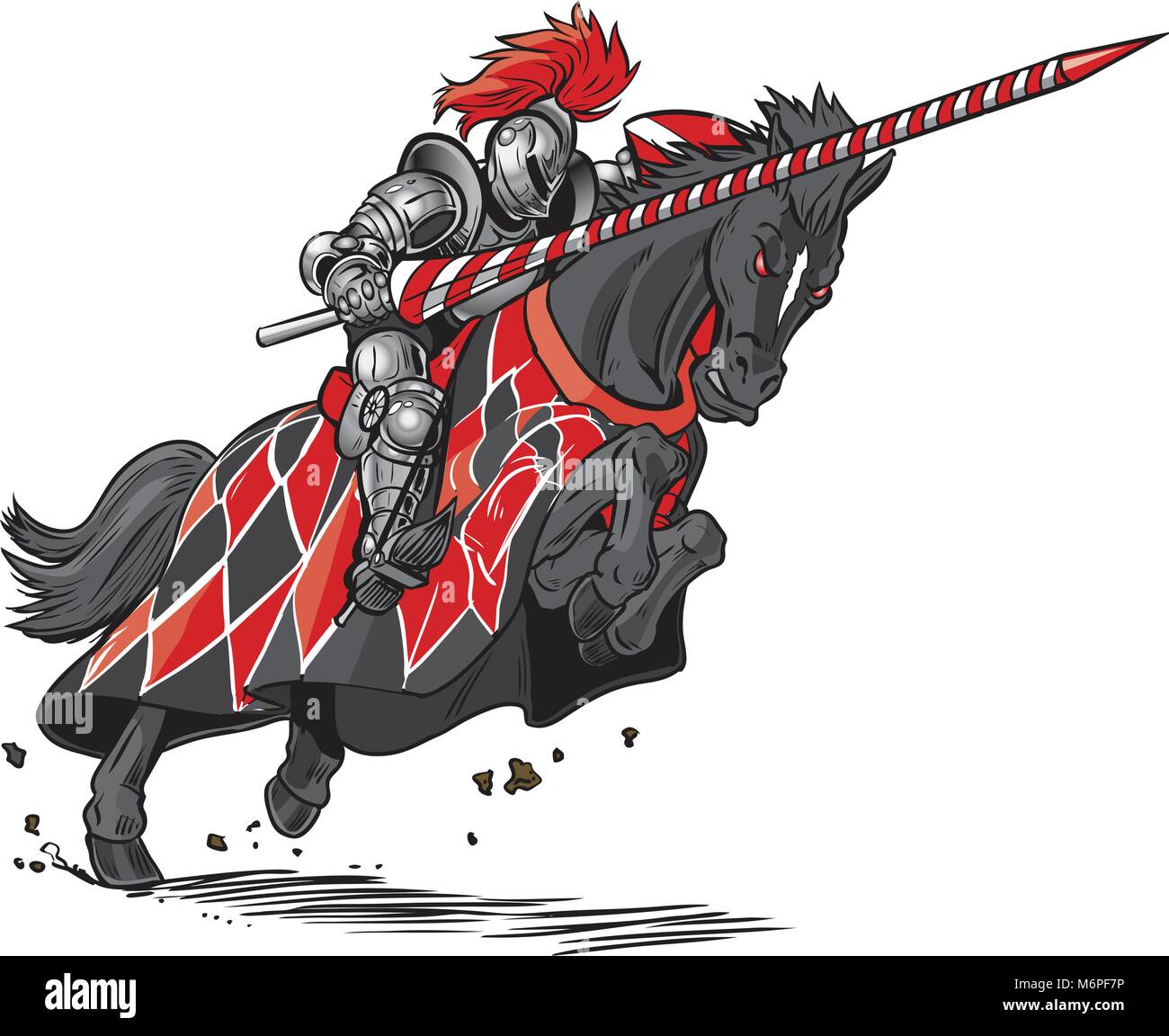 Vector cartoon clip art illustrazione di un cavaliere corazzato su un pauroso cavallo nero con gli occhi rossi o di ricarica alla giostra con la lancia e lo scudo. Illustrazione Vettoriale
