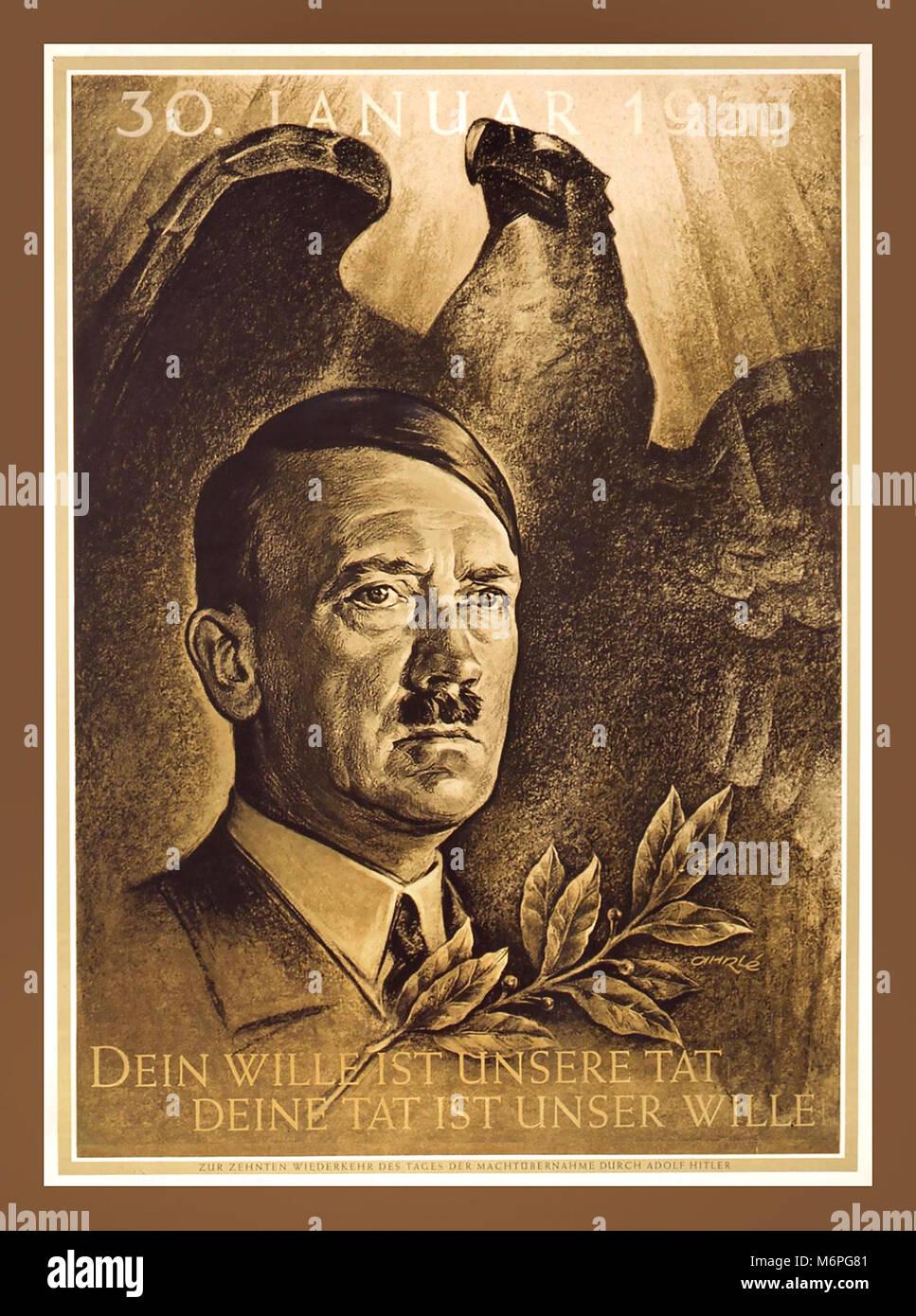 Vintage Adolf Hitler Cancelliere Manifesto commemorativo del 30 gennaio 1933, data in cui un nuovo armadio tedesco è stato prestato giuramento nel corso di una cerimonia che si terrà a Hindenburg dell'ufficio. L NSDAP nominato Adolf Hitler come cancelliere della Germania. " Il vostro desiderio è il nostro comando' Deutschland, 1943 Foto Stock