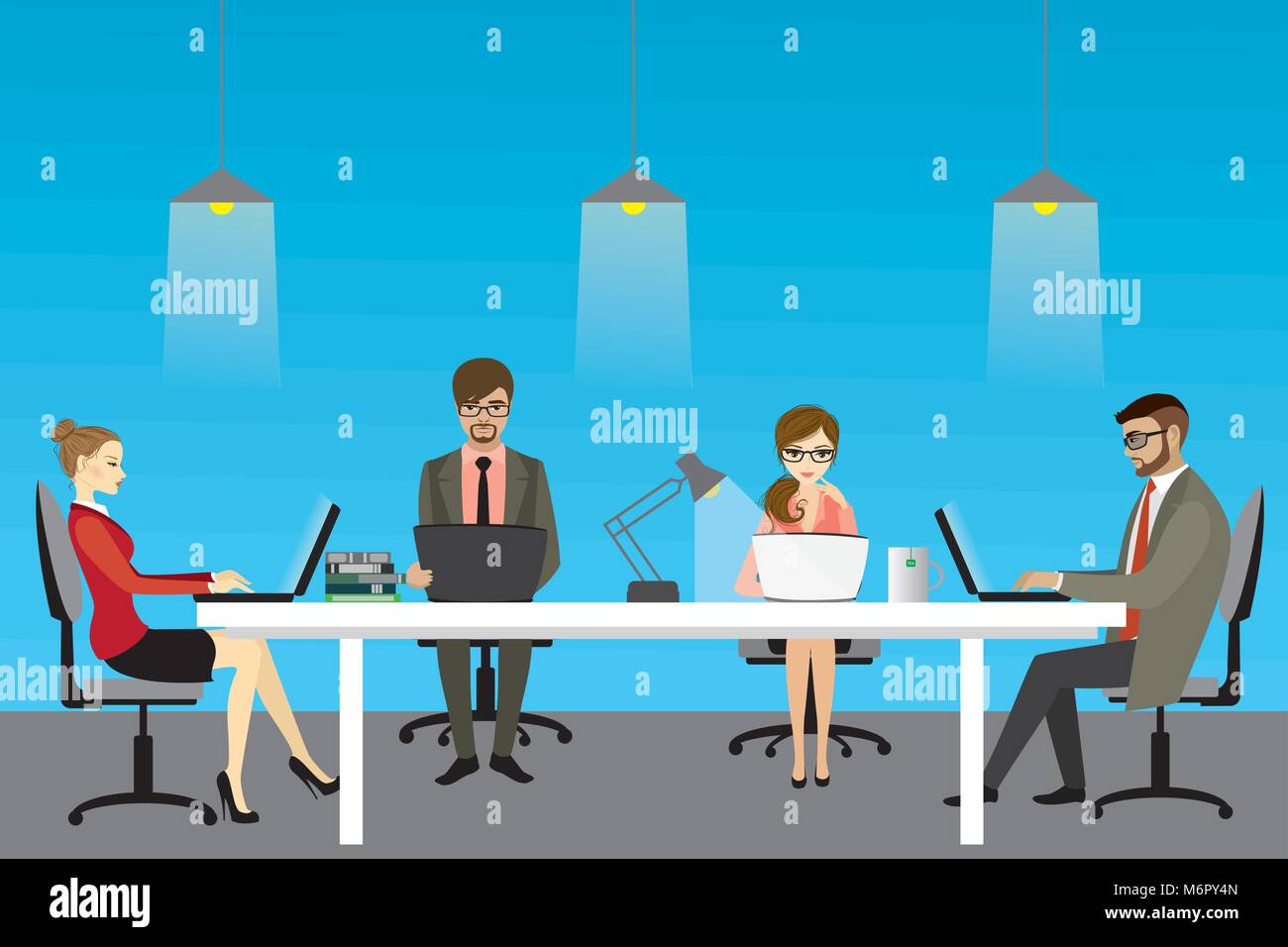 Illustrazione vettoriale di coworking concetto di centro, persone che lavorano insieme e condivisa in ambiente di lavoro. Illustrazione Vettoriale