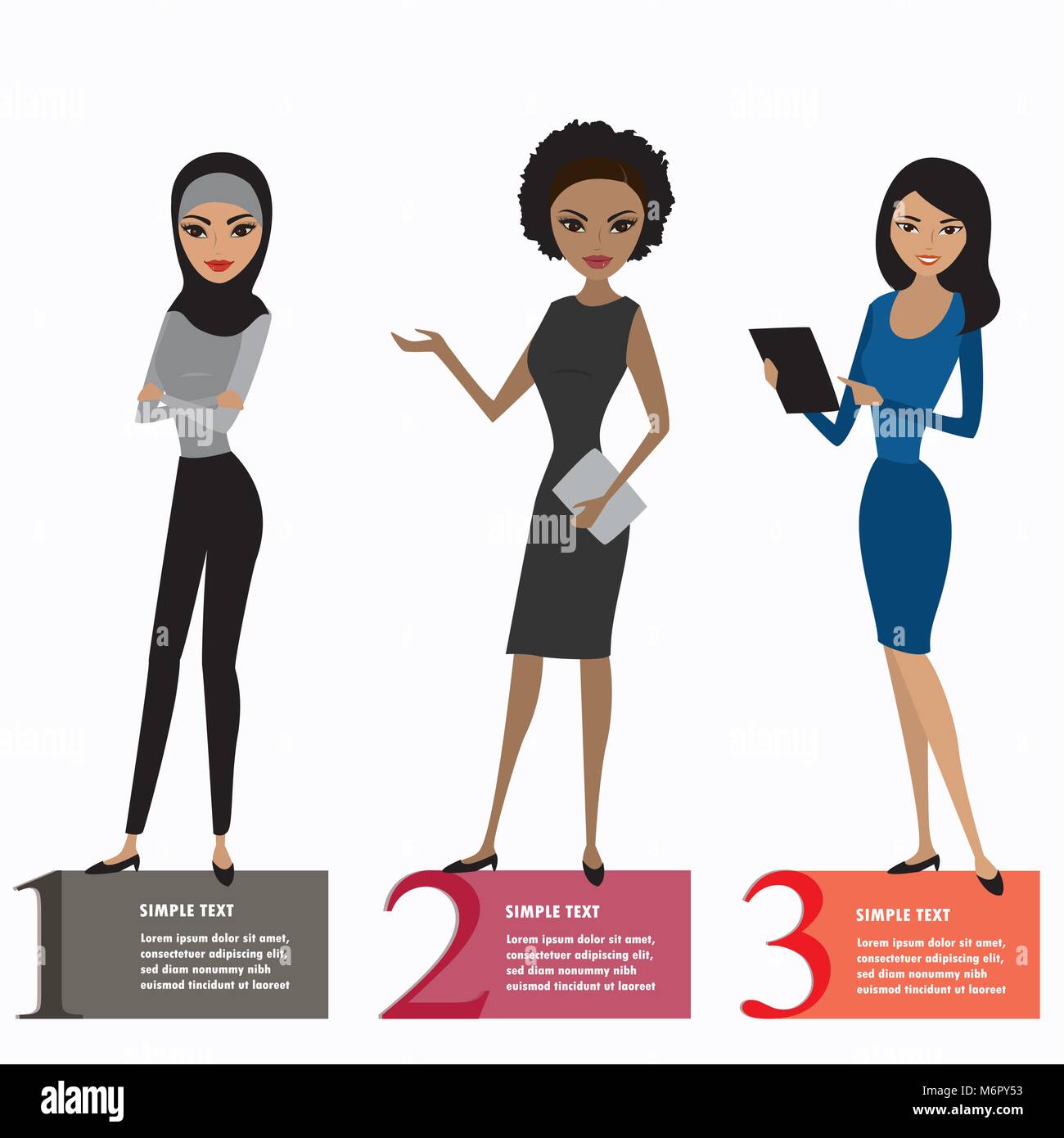 Tre business woman standing , illustrazione vettoriale isolati su sfondo bianco Illustrazione Vettoriale