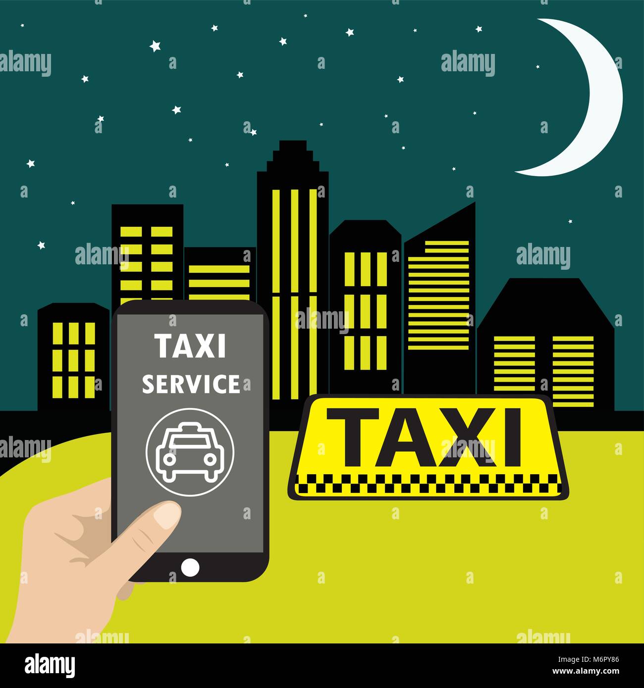 Telefono con interfaccia taxi su uno schermo. Applicazione mobile. Appartamento illustrazione vettoriale per affari, info graphic, banner, presentazioni. Illustrazione Vettoriale