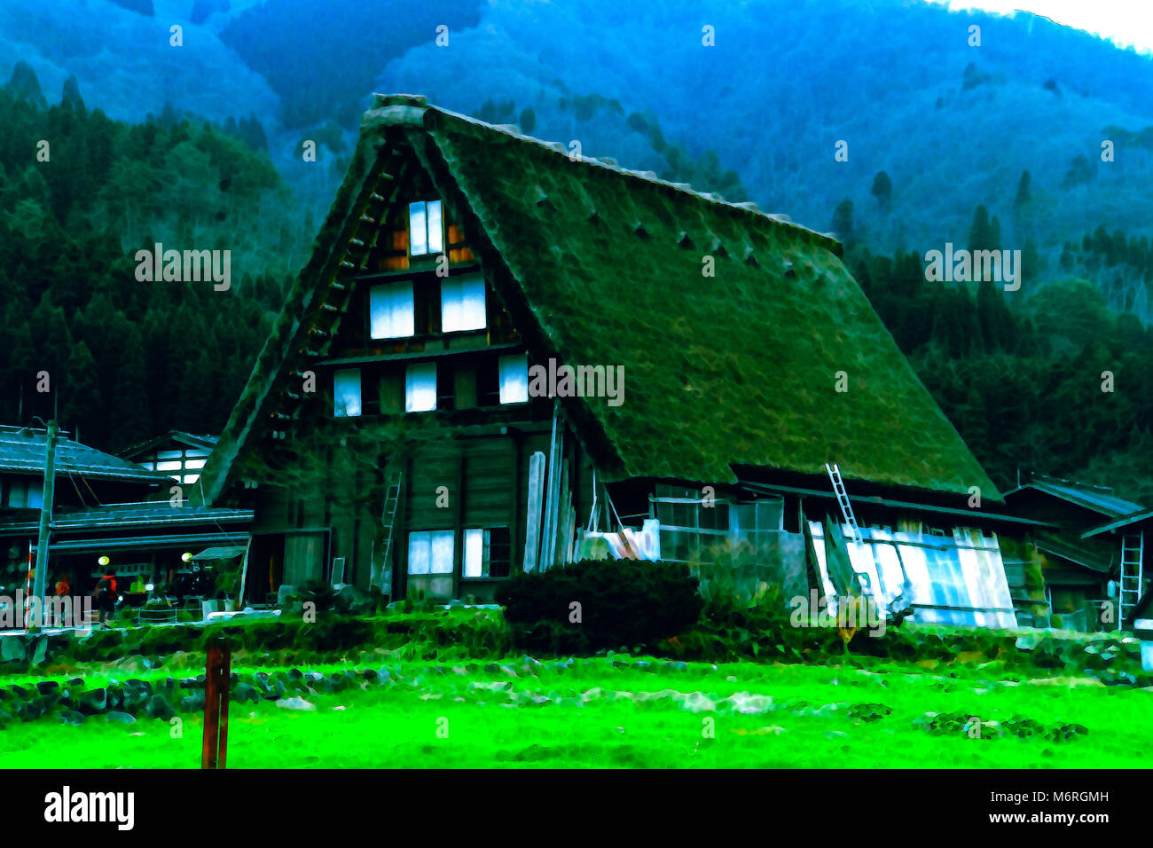 Acquarello del vecchio stile di casa giapponese Foto Stock